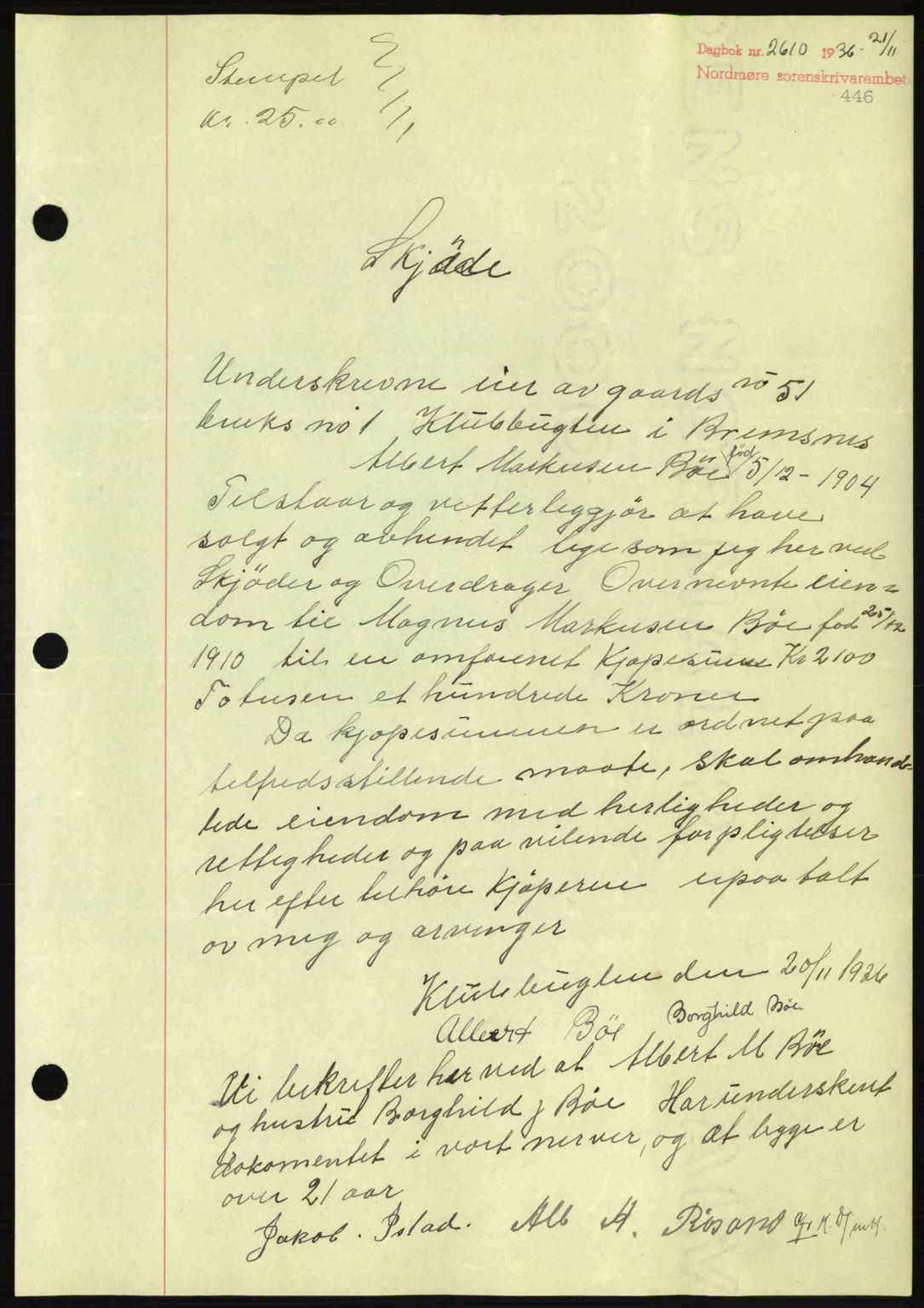 Nordmøre sorenskriveri, AV/SAT-A-4132/1/2/2Ca: Mortgage book no. A80, 1936-1937, Diary no: : 2610/1936