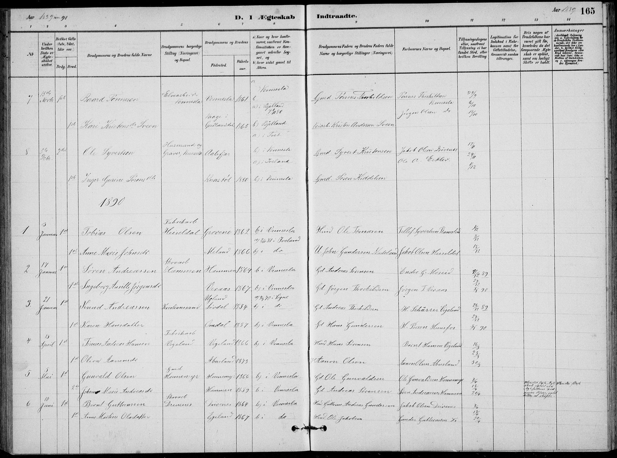 Vennesla sokneprestkontor, SAK/1111-0045/Fb/Fbb/L0003: Parish register (copy) no. B 3, 1879-1893, p. 165