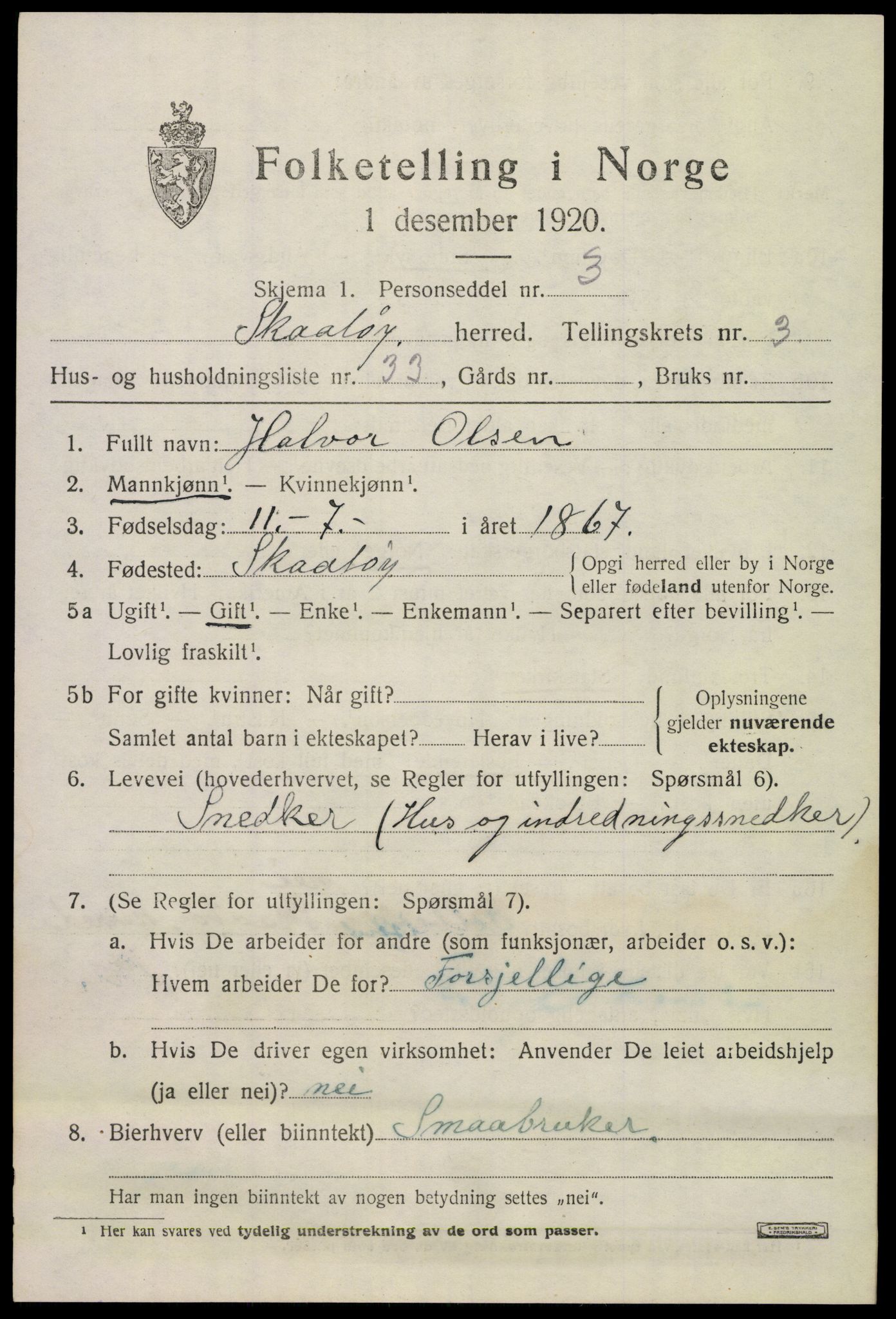 SAKO, 1920 census for Skåtøy, 1920, p. 3068