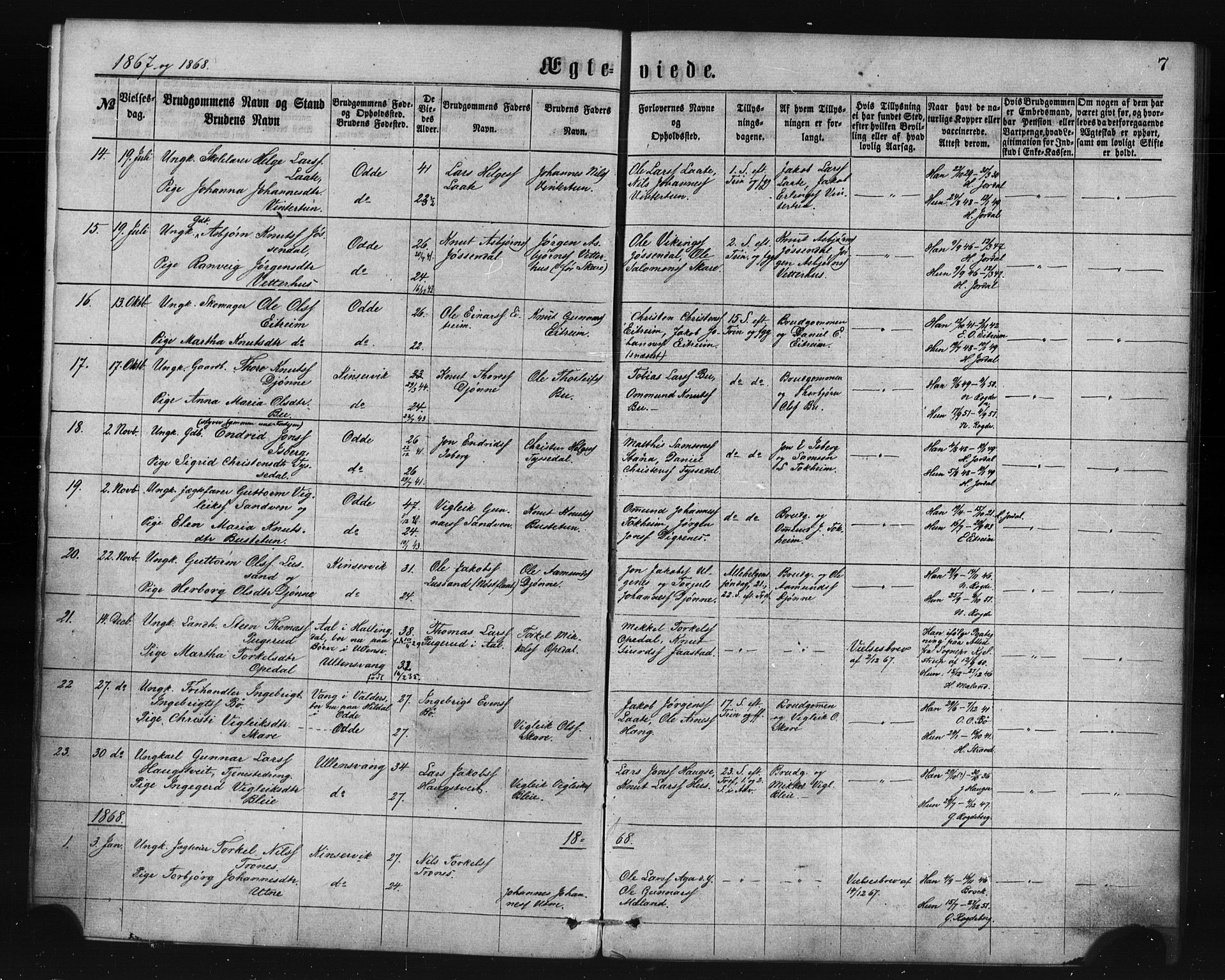 Ullensvang sokneprestembete, SAB/A-78701/H/Haa: Parish register (official) no. A 14, 1867-1882, p. 7