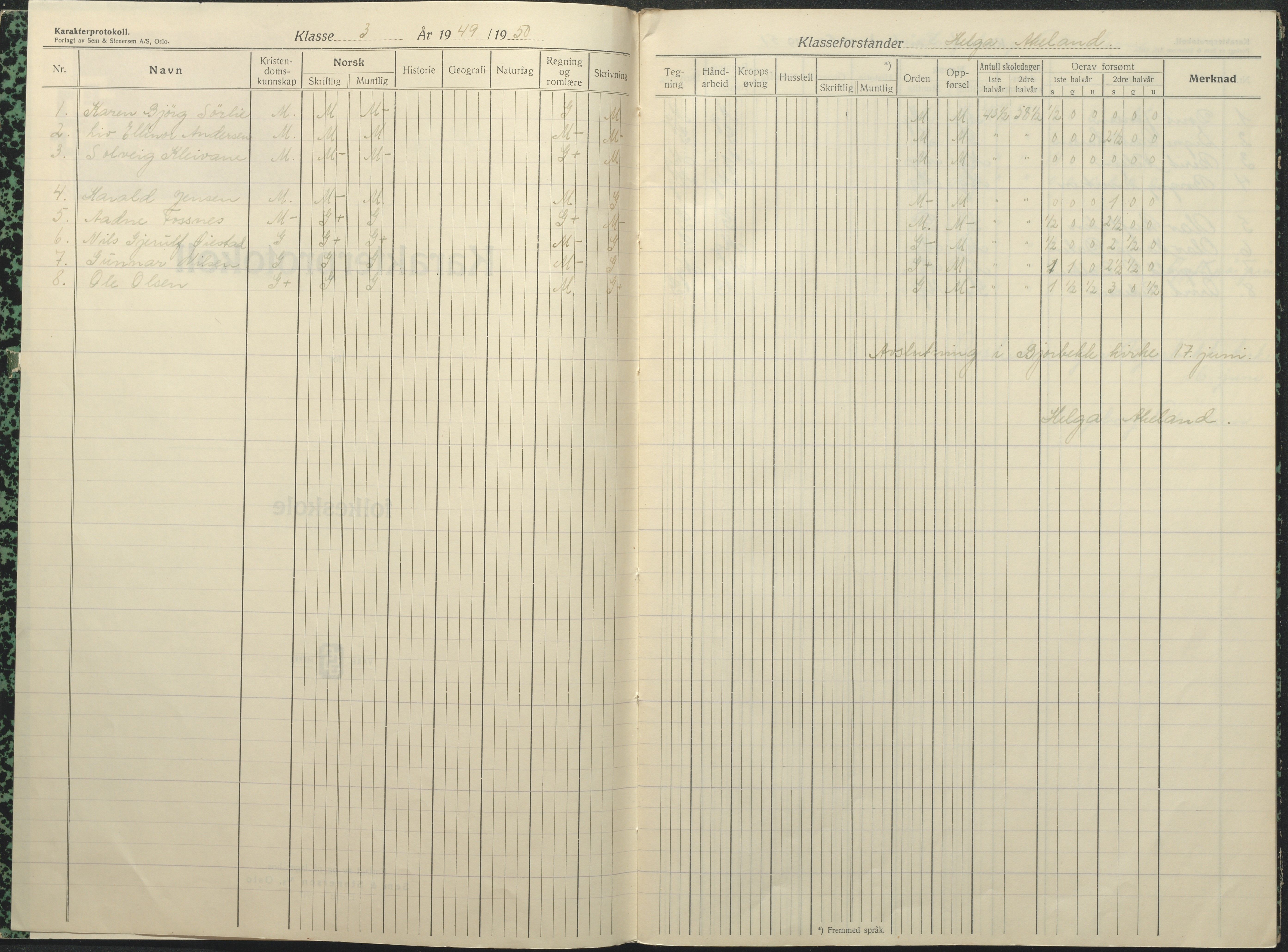 Øyestad kommune frem til 1979, AAKS/KA0920-PK/06/06F/L0017: Karakterprotokoll, 1949-1964