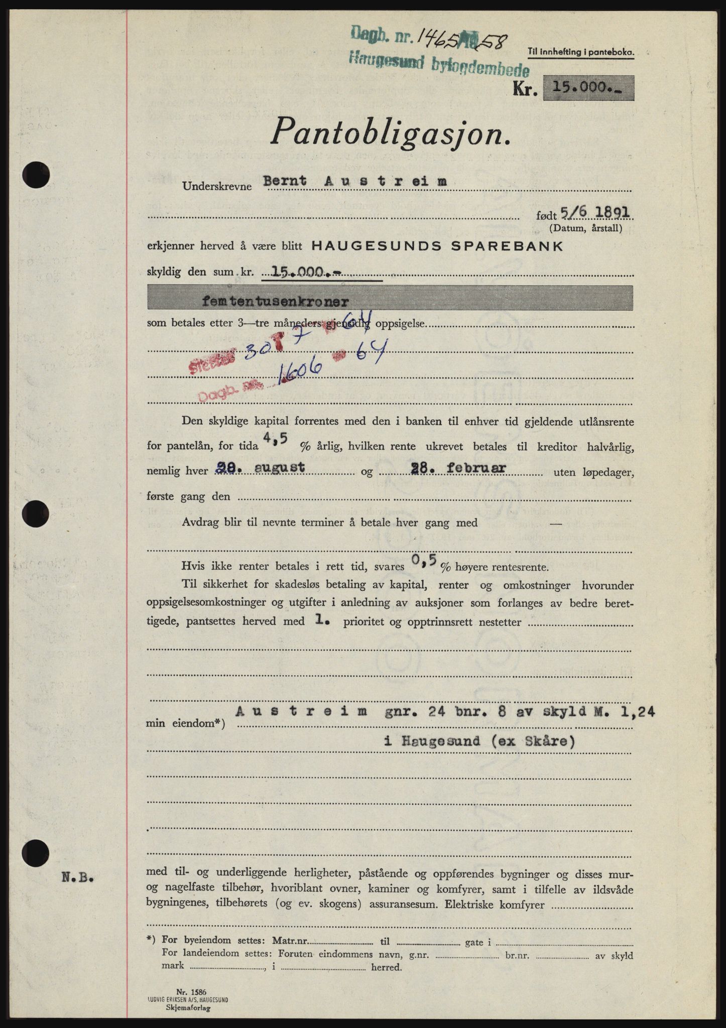 Haugesund tingrett, SAST/A-101415/01/II/IIC/L0044: Mortgage book no. B 44, 1958-1959, Diary no: : 1465/1958