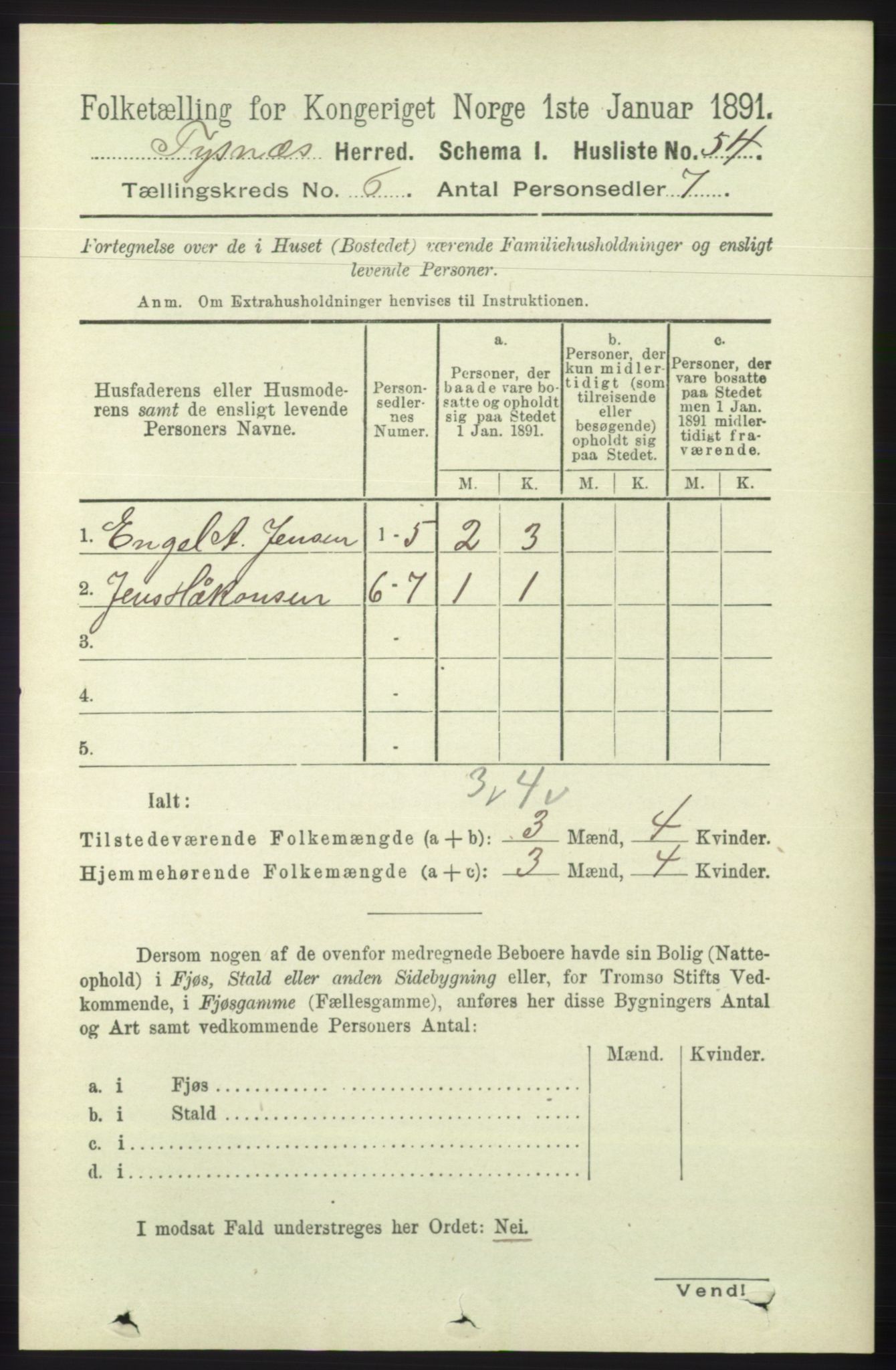 RA, 1891 census for 1223 Tysnes, 1891, p. 2353