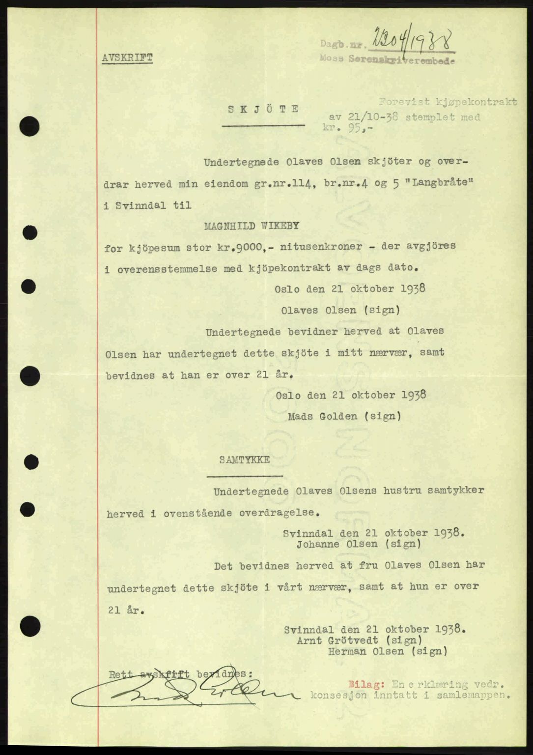 Moss sorenskriveri, SAO/A-10168: Mortgage book no. A5, 1938-1939, Diary no: : 2304/1938