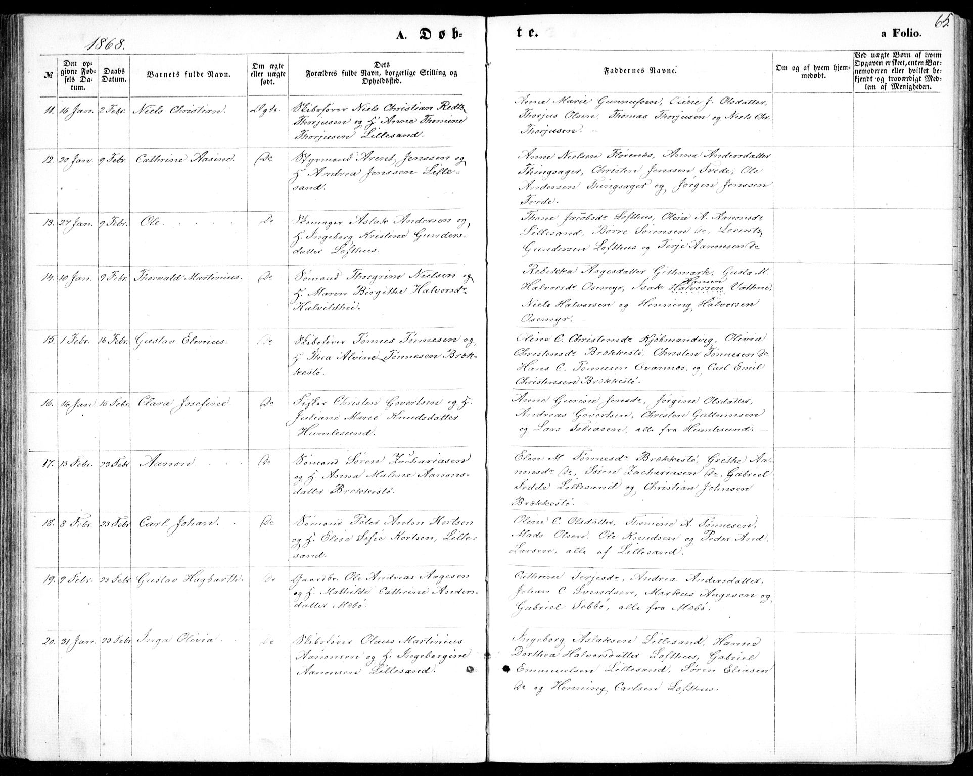 Vestre Moland sokneprestkontor, AV/SAK-1111-0046/F/Fb/Fbb/L0004: Parish register (copy) no. B 4, 1861-1872, p. 65