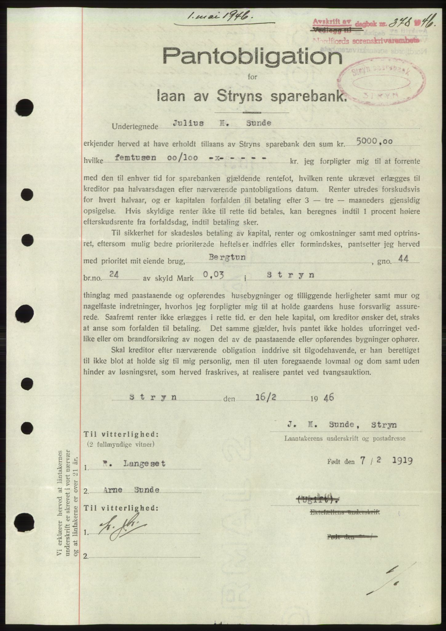 Nordfjord sorenskriveri, SAB/A-2801/02/02b/02bk/L0005: Mortgage book no. B7-8, 1946-1947, Diary no: : 378/1946