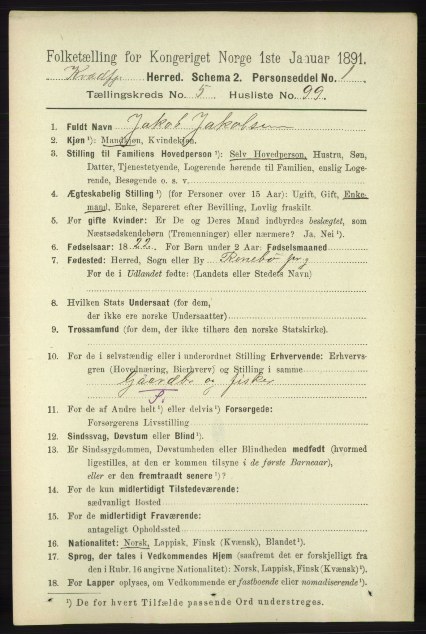 RA, 1891 census for 1911 Kvæfjord, 1891, p. 3463