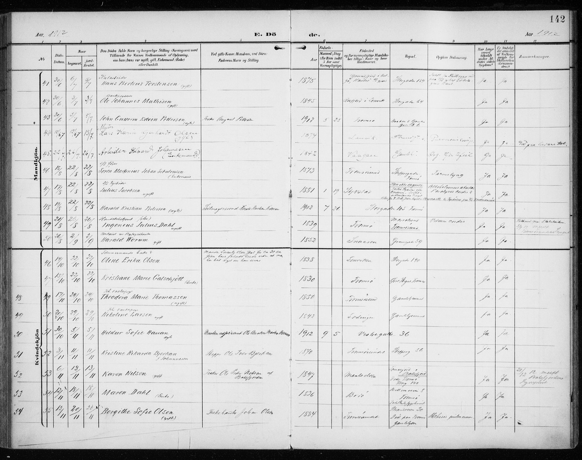 Tromsø sokneprestkontor/stiftsprosti/domprosti, AV/SATØ-S-1343/G/Ga/L0018kirke: Parish register (official) no. 18, 1907-1917, p. 142