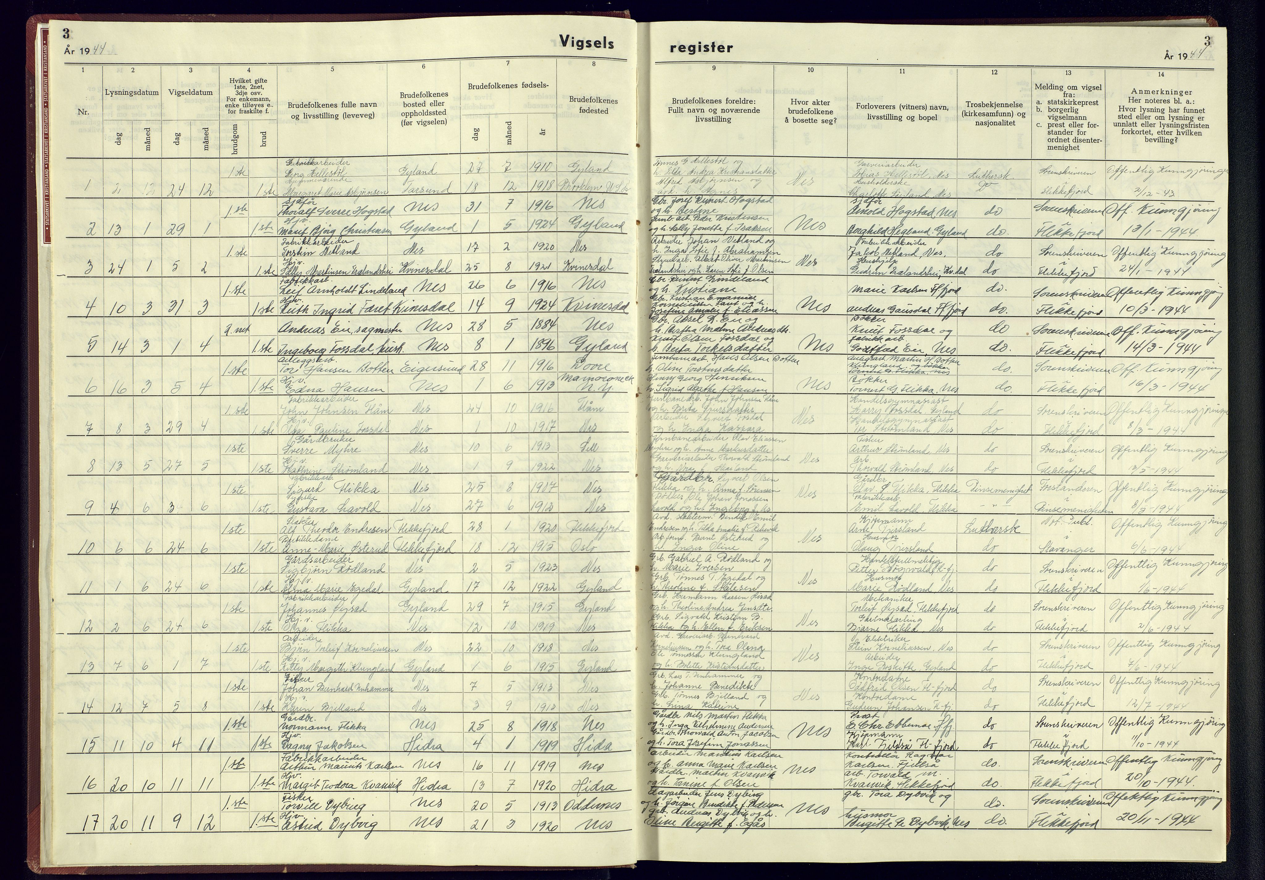 Flekkefjord sokneprestkontor, SAK/1111-0012/J/Jb/L0005: Marriage register no. A-VI-6, 1942-1945, p. 3