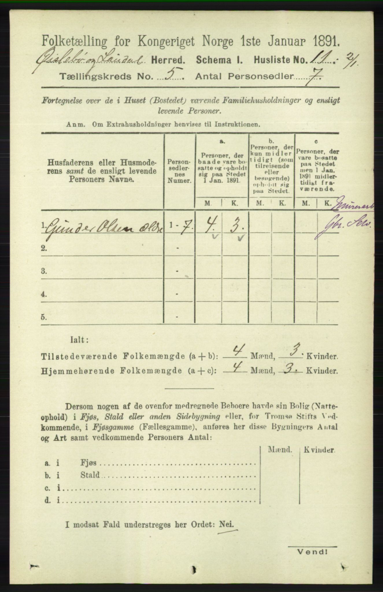 RA, 1891 census for 1021 Øyslebø og Laudal, 1891, p. 1286