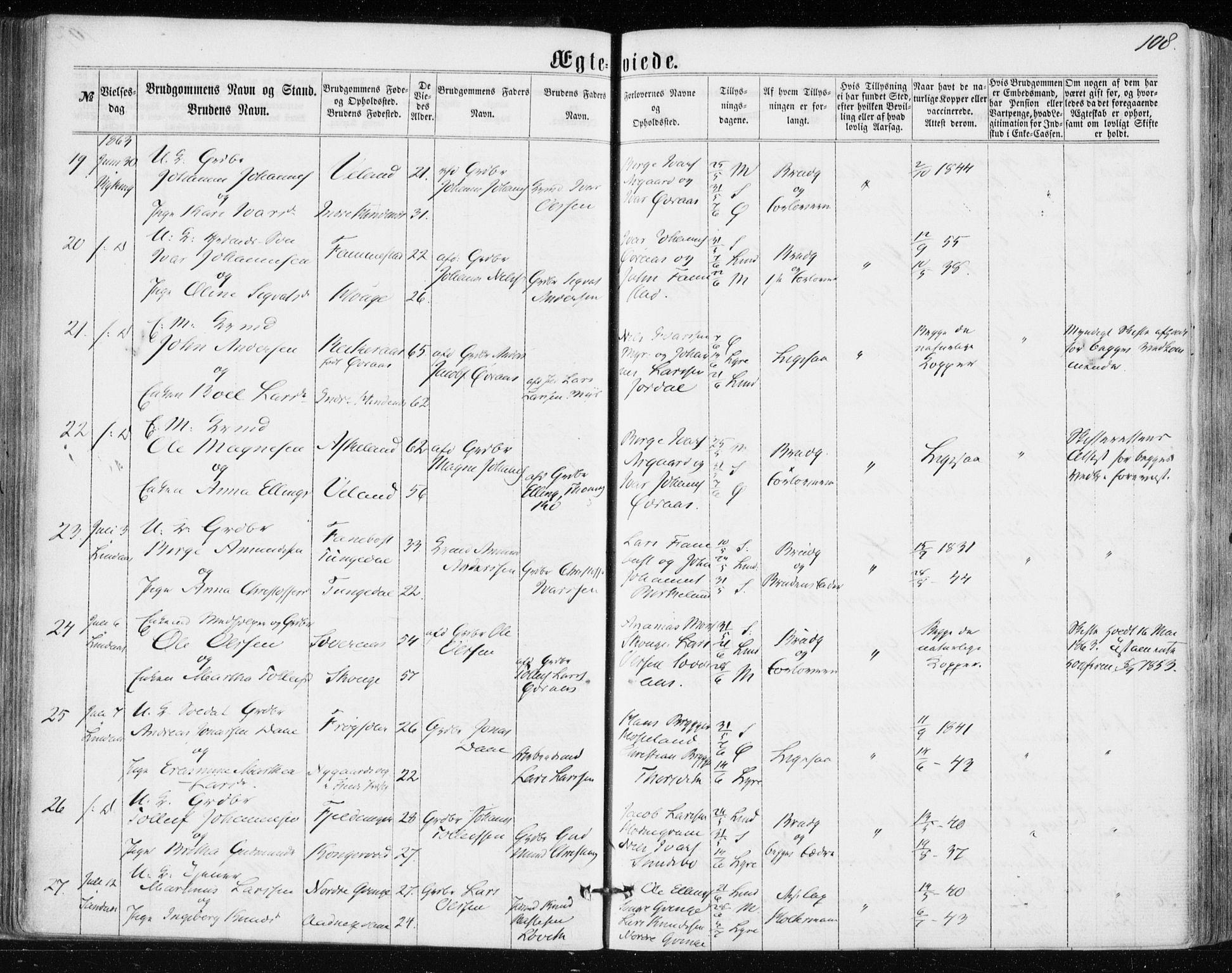 Lindås Sokneprestembete, AV/SAB-A-76701/H/Haa/Haaa/L0016: Parish register (official) no. A 16, 1863-1875, p. 108