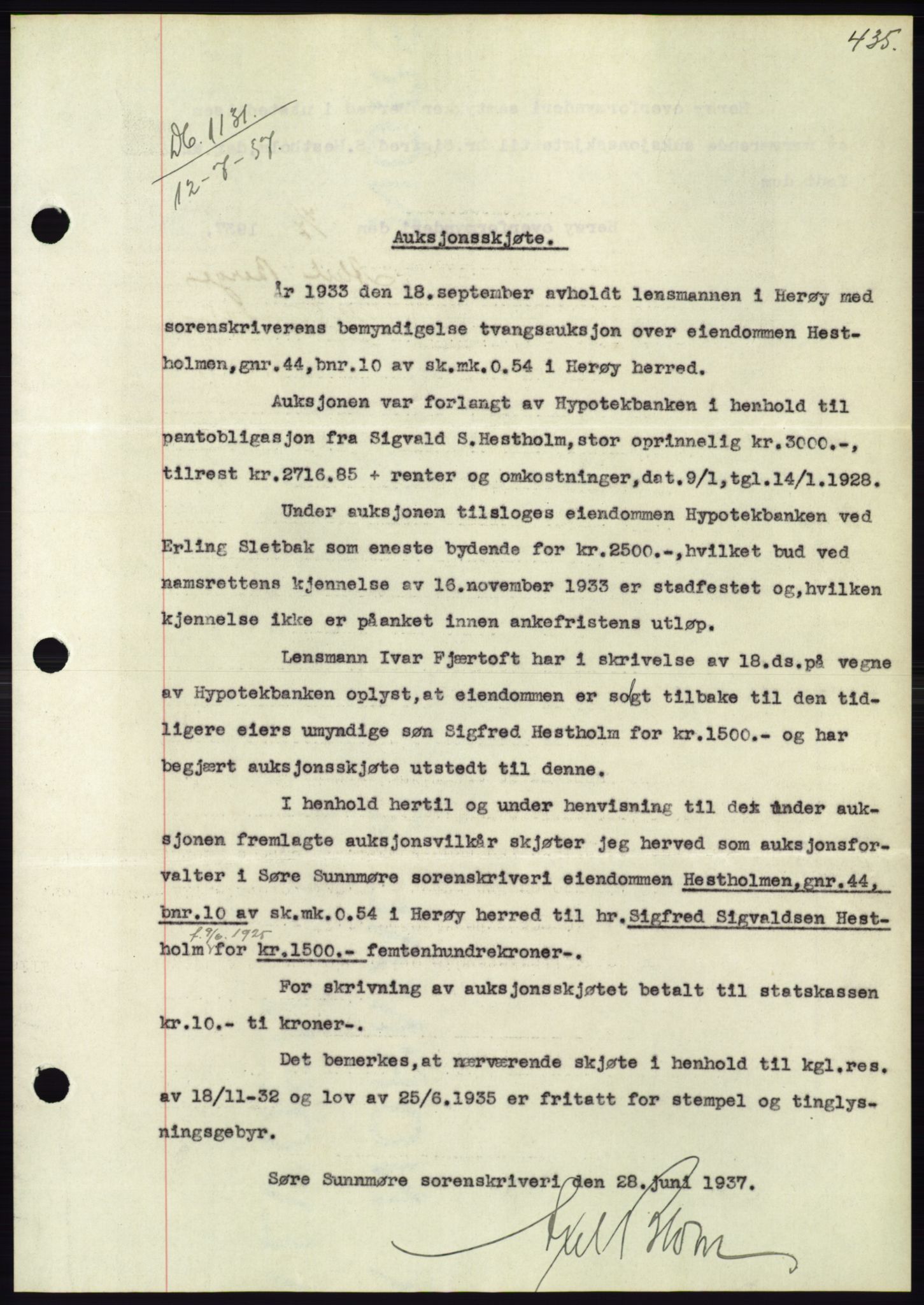 Søre Sunnmøre sorenskriveri, AV/SAT-A-4122/1/2/2C/L0063: Mortgage book no. 57, 1937-1937, Diary no: : 1131/1937