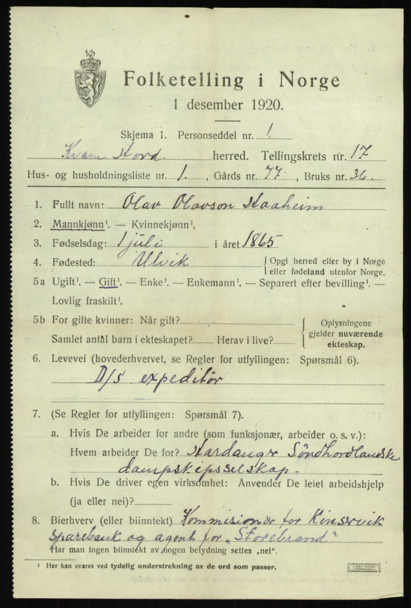 SAB, 1920 census for Kvam, 1920, p. 9199