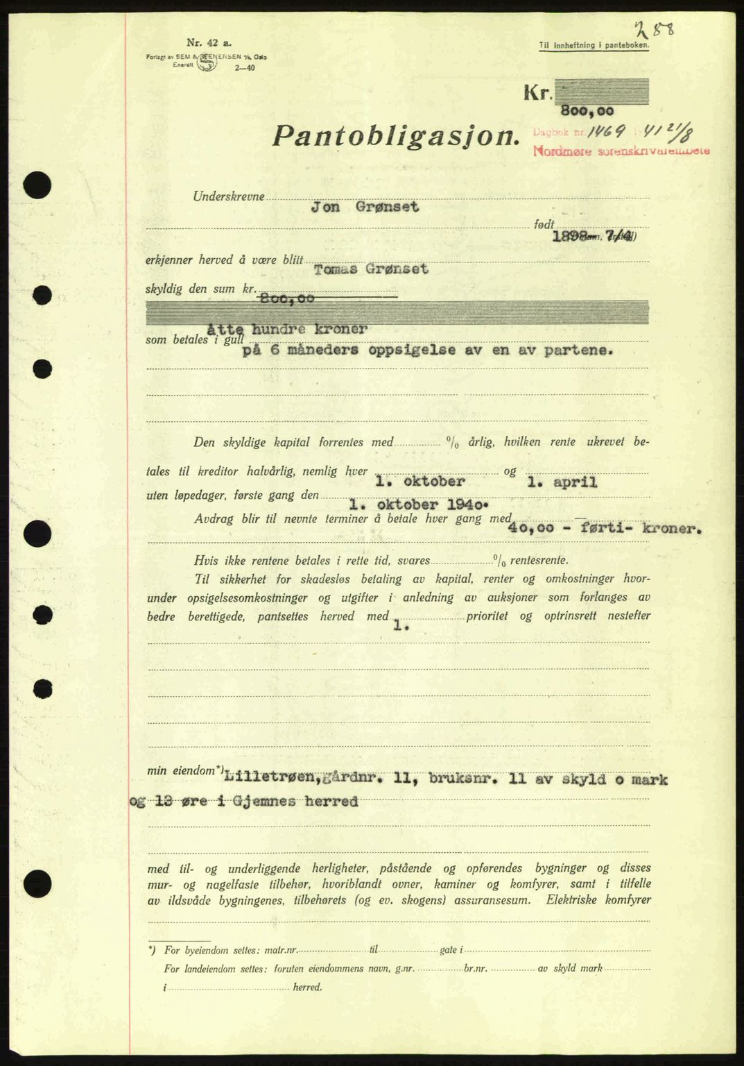 Nordmøre sorenskriveri, AV/SAT-A-4132/1/2/2Ca: Mortgage book no. B88, 1941-1942, Diary no: : 1469/1941