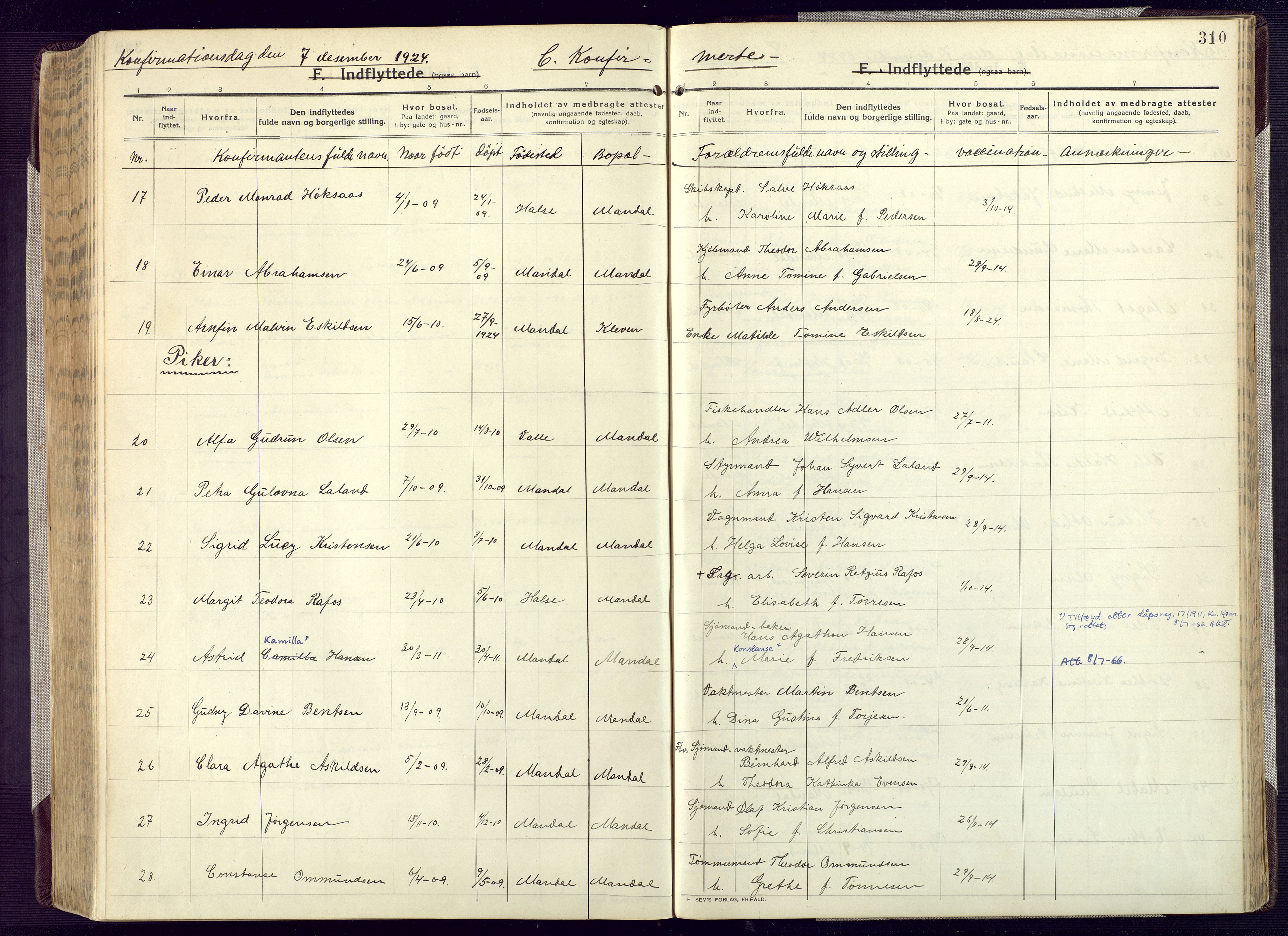 Mandal sokneprestkontor, AV/SAK-1111-0030/F/Fa/Fac/L0001: Parish register (official) no. A 1, 1913-1925, p. 310