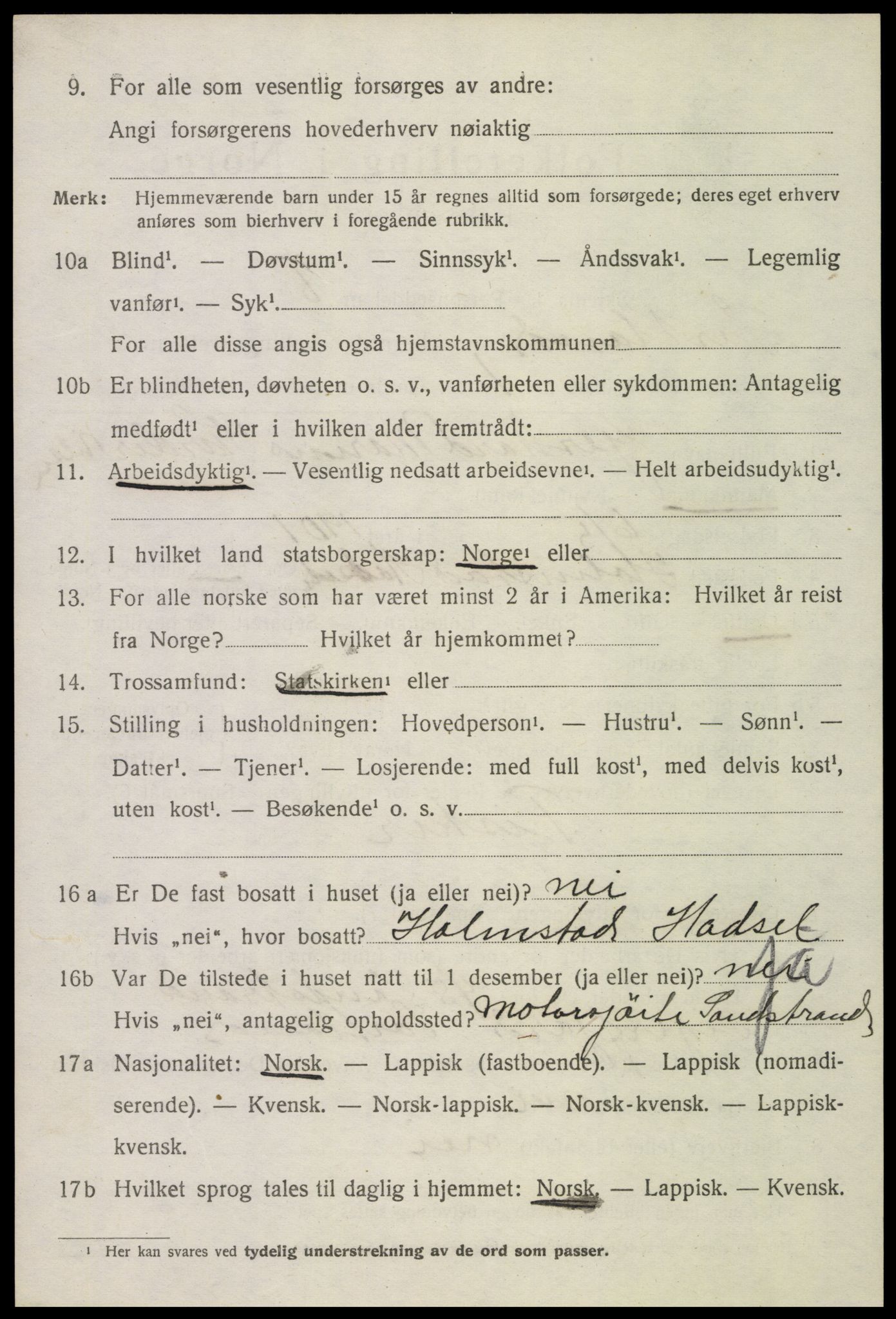 SAT, 1920 census for Sortland, 1920, p. 5487