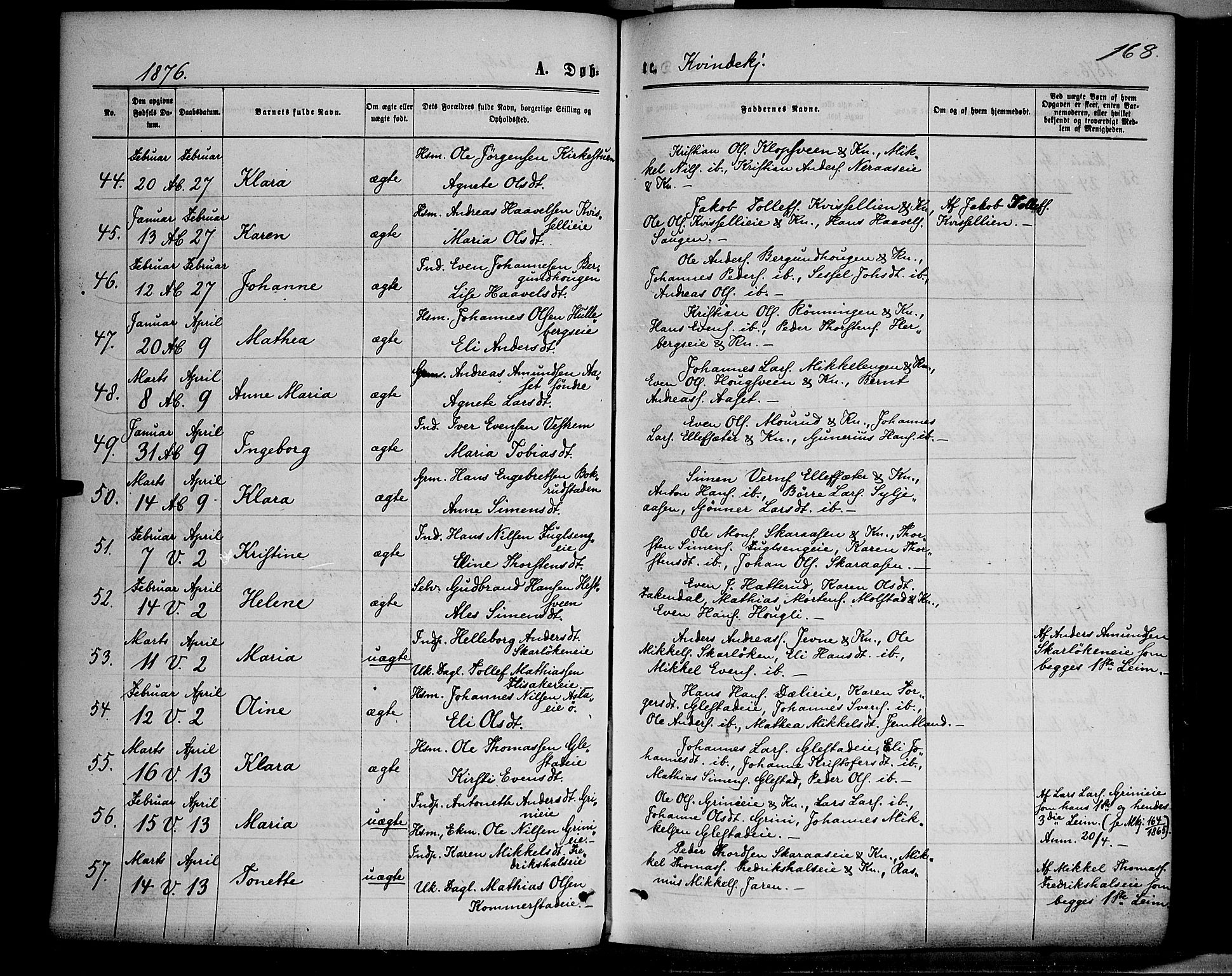 Ringsaker prestekontor, AV/SAH-PREST-014/K/Ka/L0011: Parish register (official) no. 11, 1870-1878, p. 168