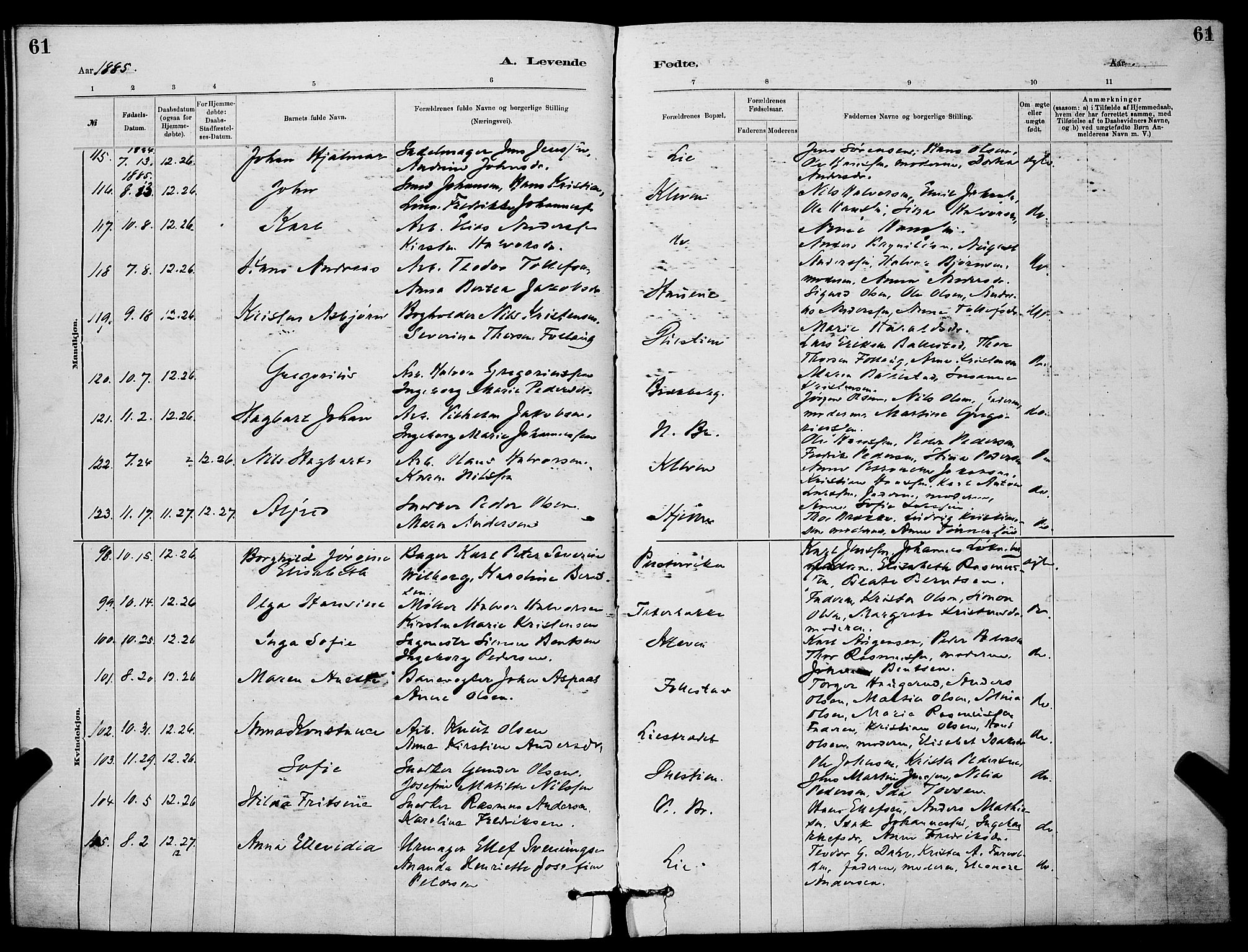 Skien kirkebøker, SAKO/A-302/G/Ga/L0006: Parish register (copy) no. 6, 1881-1890, p. 61