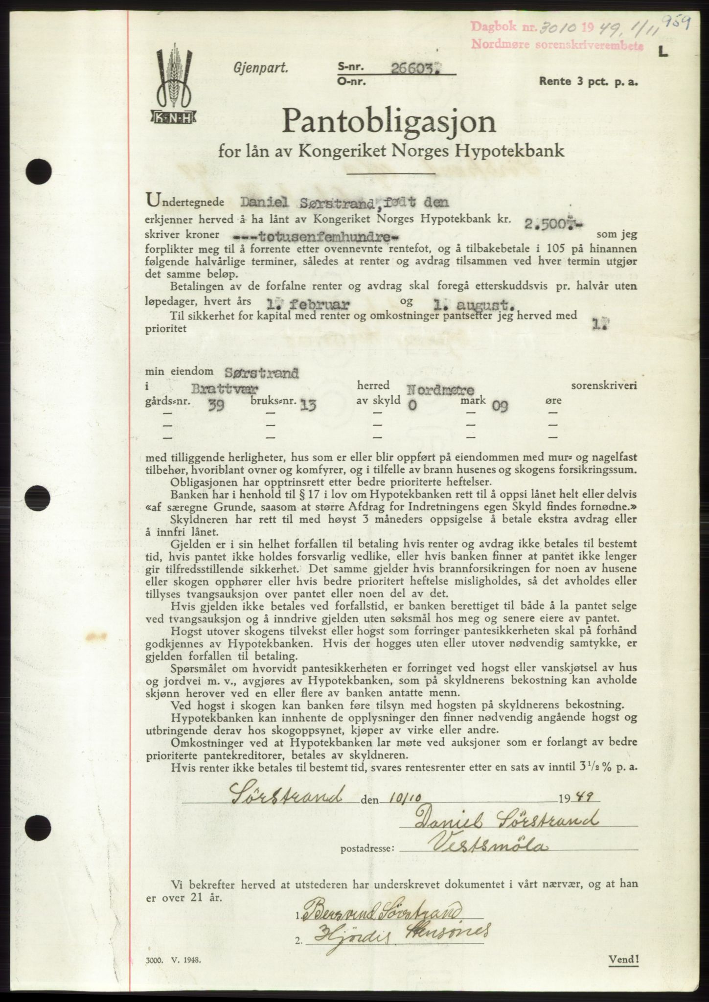 Nordmøre sorenskriveri, AV/SAT-A-4132/1/2/2Ca: Mortgage book no. B102, 1949-1949, Diary no: : 3010/1949