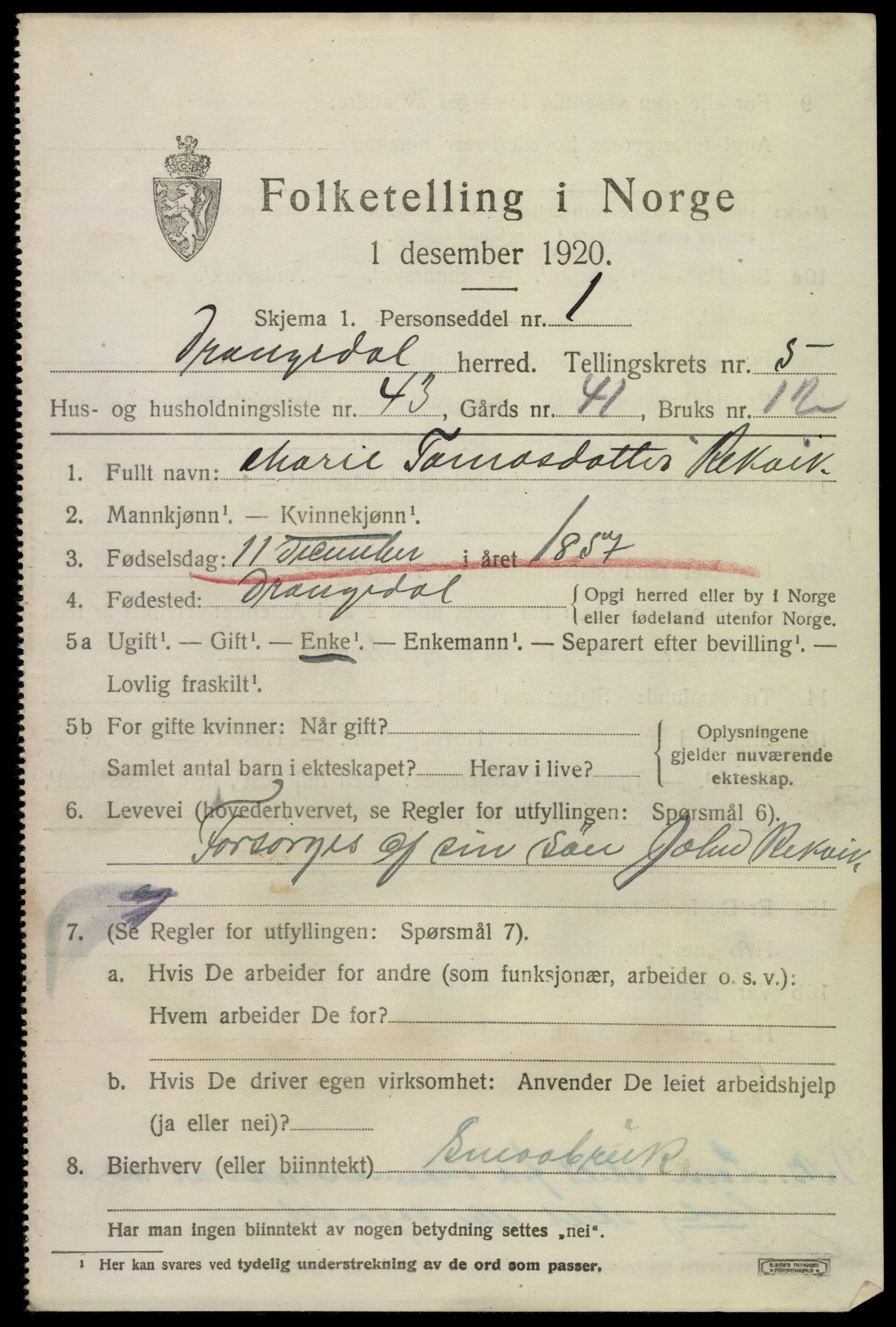 SAKO, 1920 census for Drangedal, 1920, p. 4219