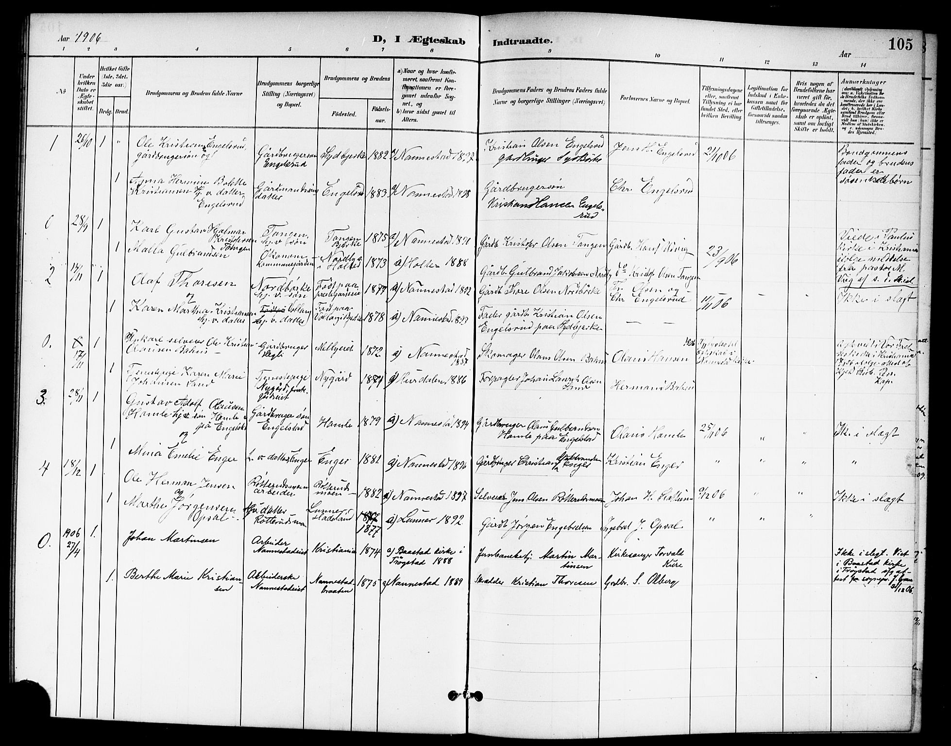 Nannestad prestekontor Kirkebøker, SAO/A-10414a/G/Ga/L0002: Parish register (copy) no. I 2, 1901-1913, p. 105