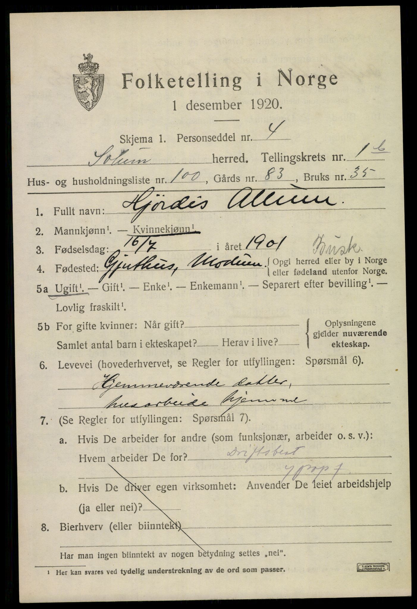 SAKO, 1920 census for Solum, 1920, p. 6314