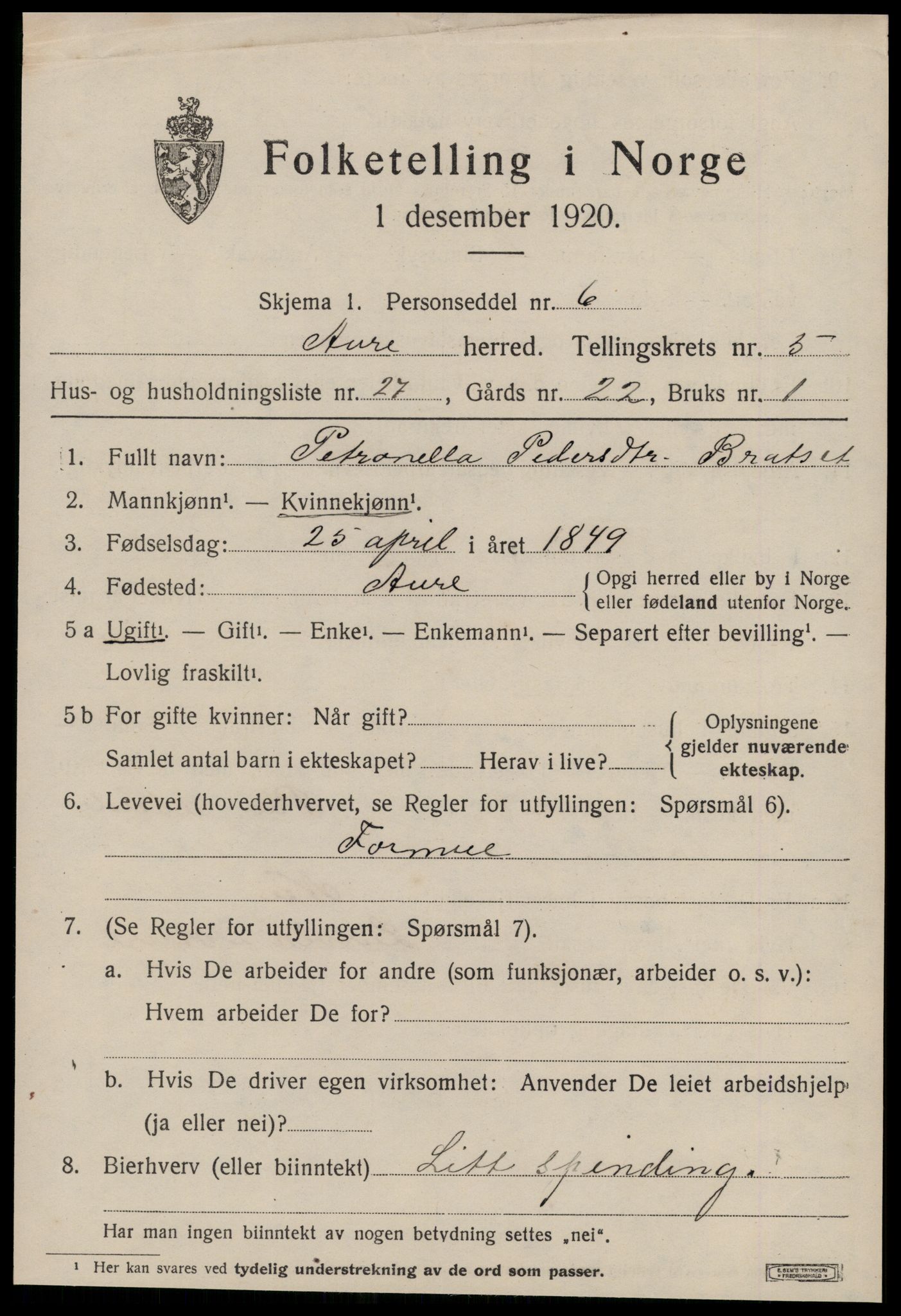 SAT, 1920 census for Aure, 1920, p. 2446