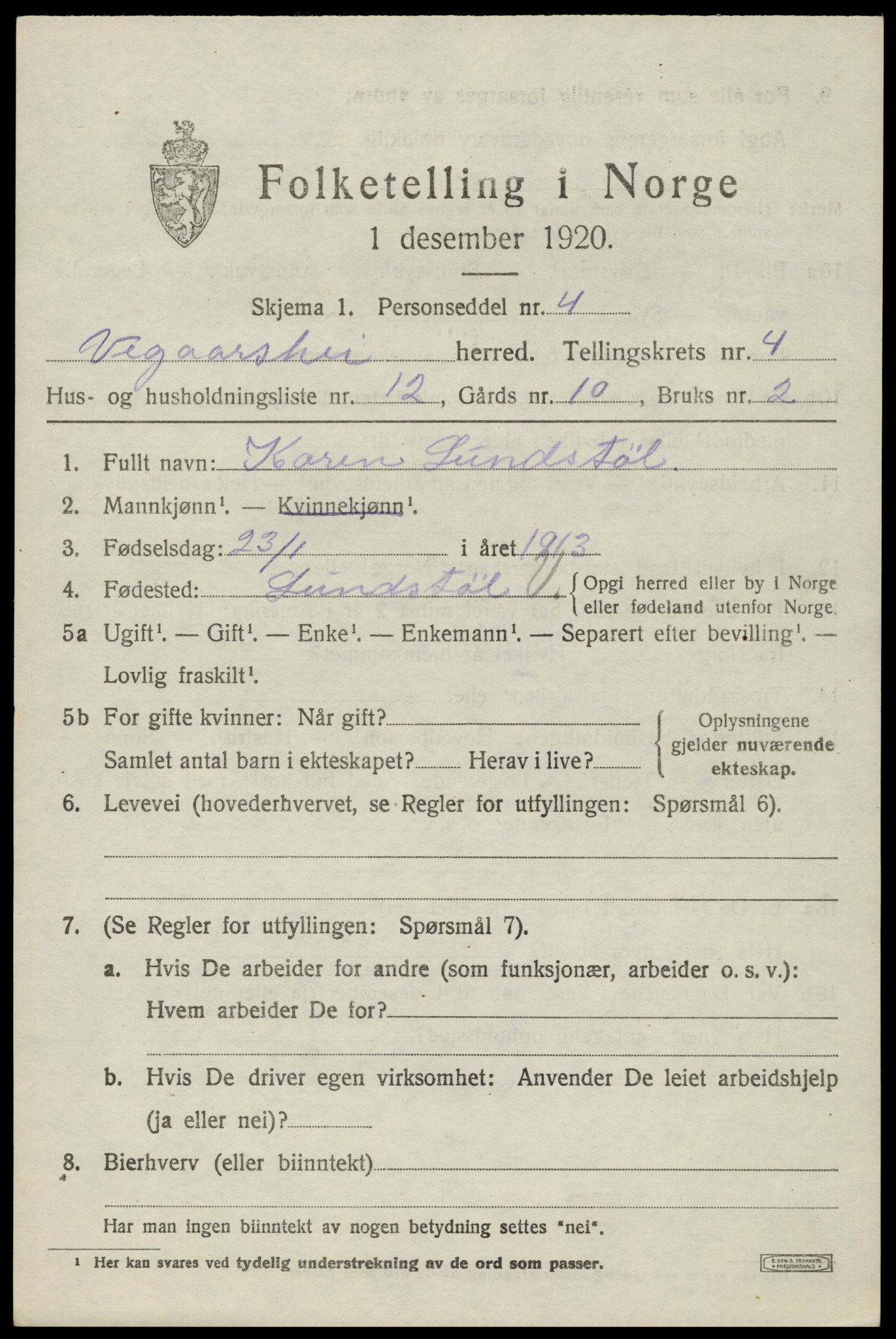 SAK, 1920 census for Vegårshei, 1920, p. 1898