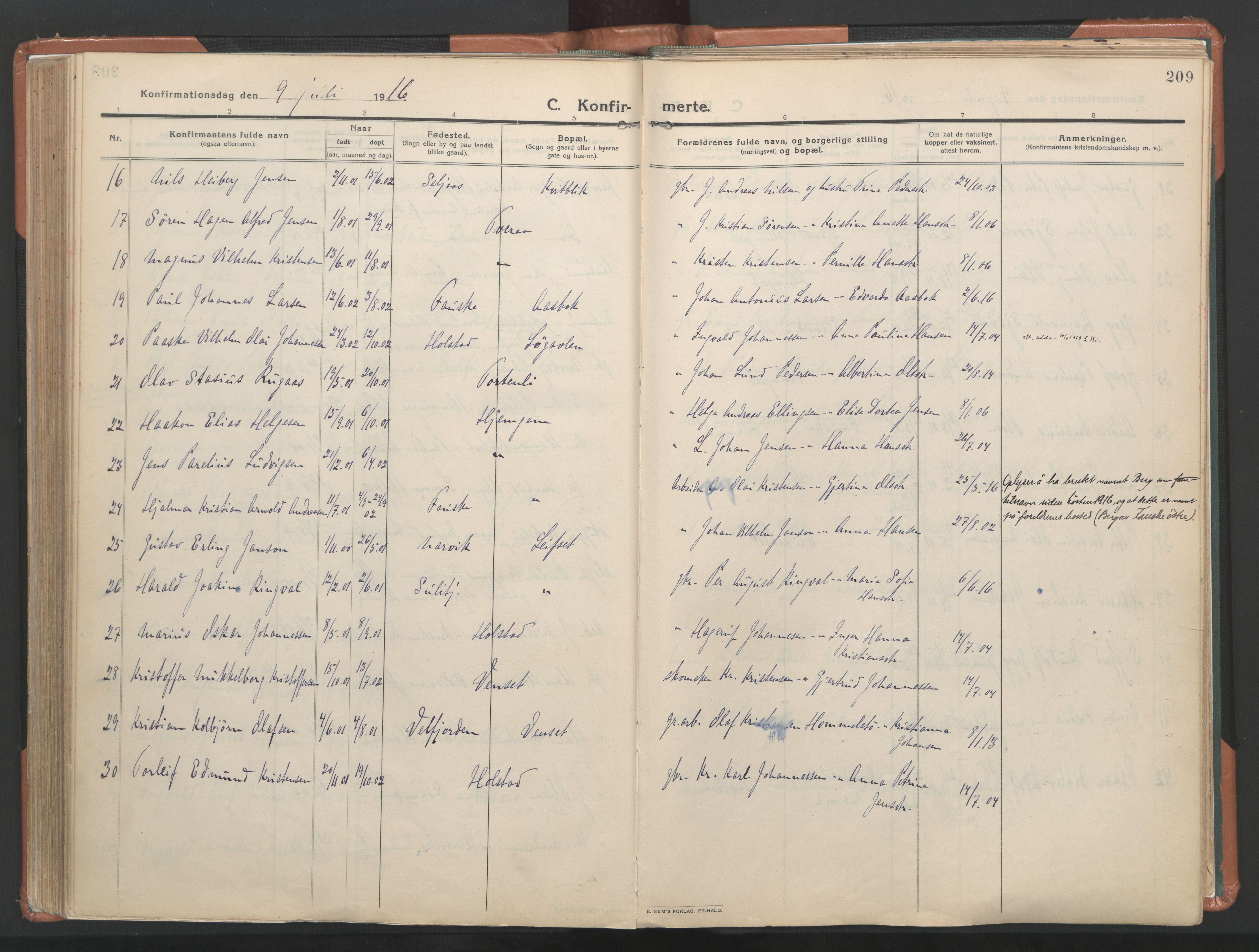 Ministerialprotokoller, klokkerbøker og fødselsregistre - Nordland, AV/SAT-A-1459/849/L0698: Parish register (official) no. 849A09, 1911-1924, p. 209