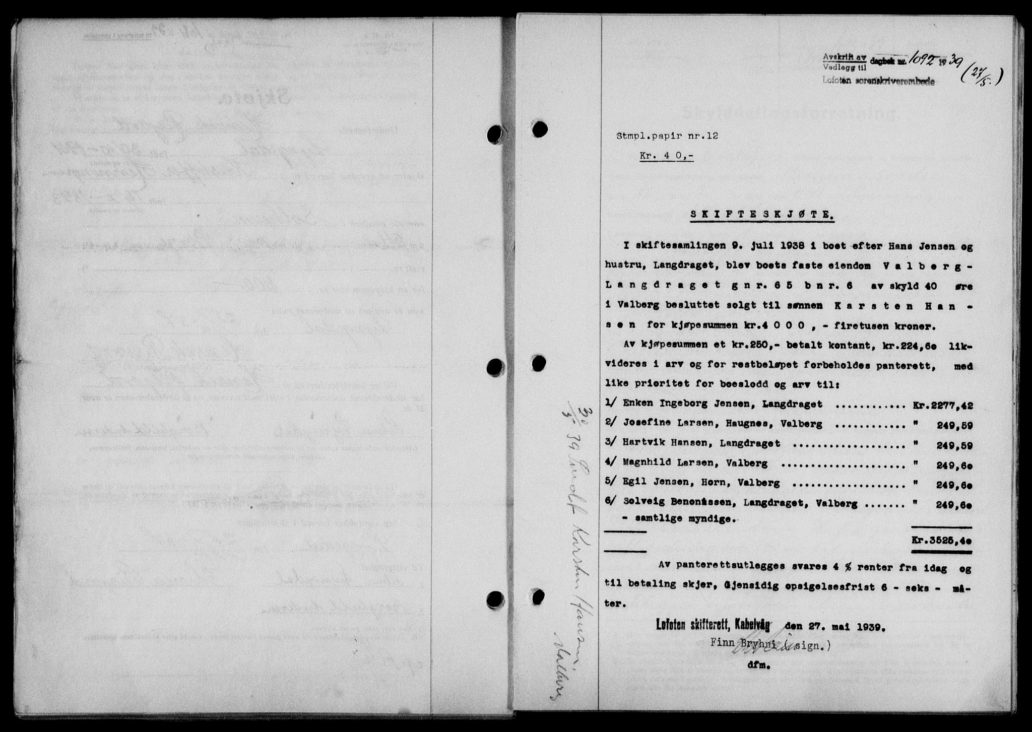 Lofoten sorenskriveri, SAT/A-0017/1/2/2C/L0005a: Mortgage book no. 5a, 1939-1939, Diary no: : 1092/1939