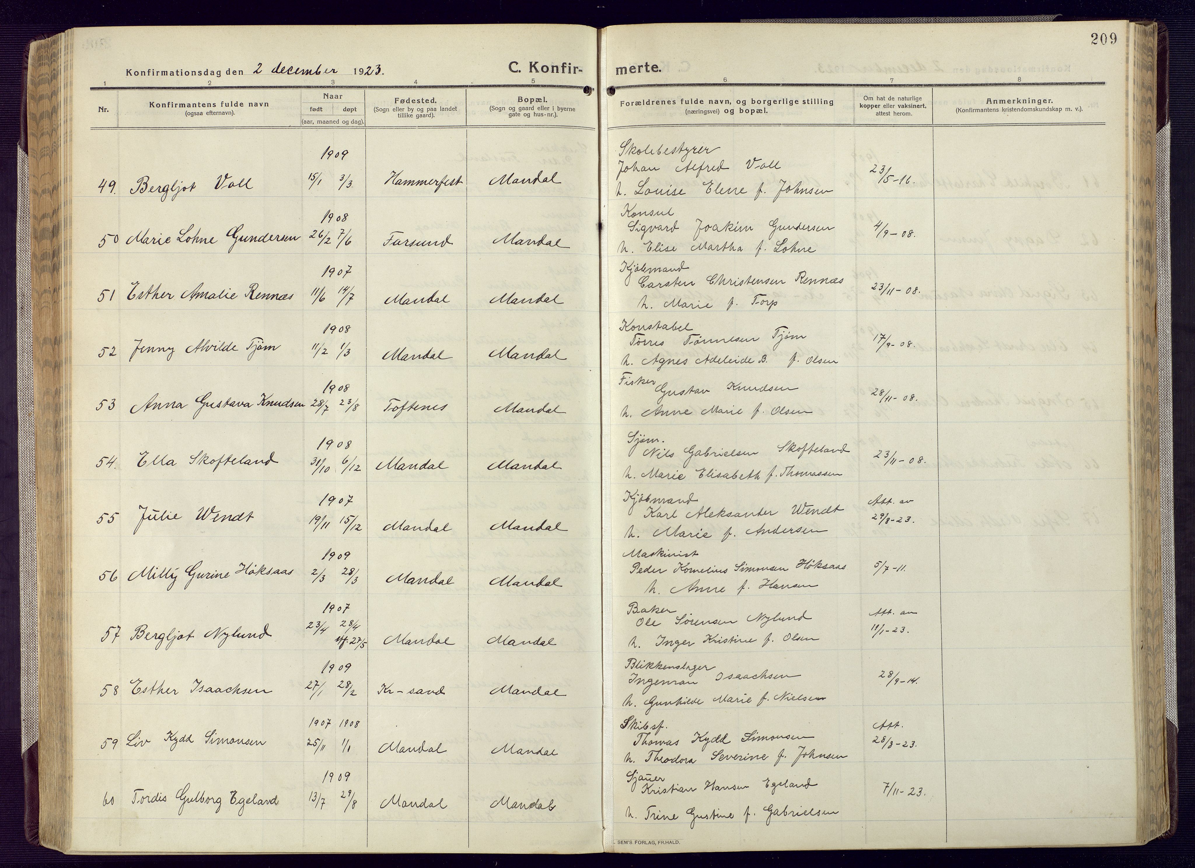 Mandal sokneprestkontor, AV/SAK-1111-0030/F/Fa/Fac/L0001: Parish register (official) no. A 1, 1913-1925, p. 209