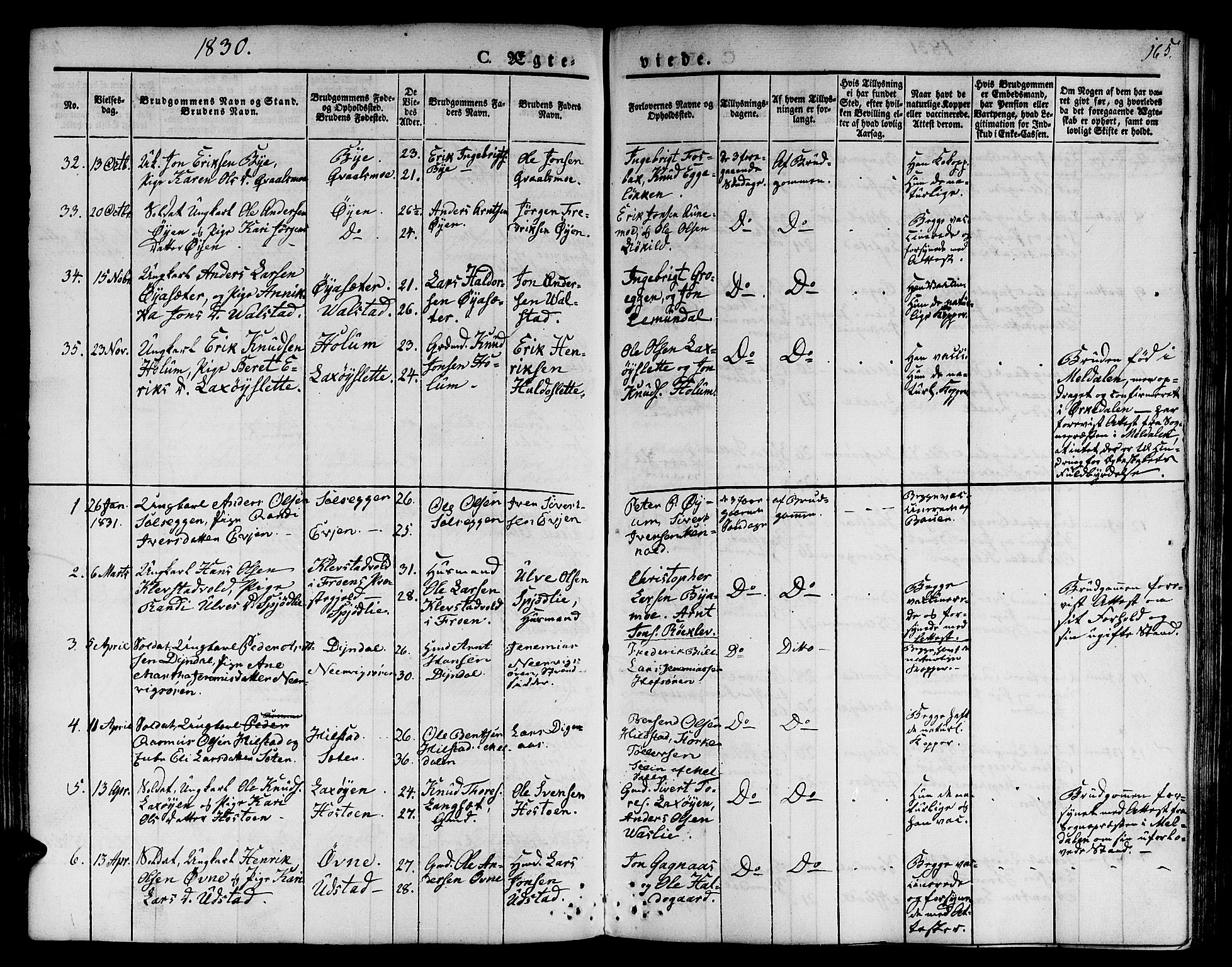 Ministerialprotokoller, klokkerbøker og fødselsregistre - Sør-Trøndelag, SAT/A-1456/668/L0804: Parish register (official) no. 668A04, 1826-1839, p. 165