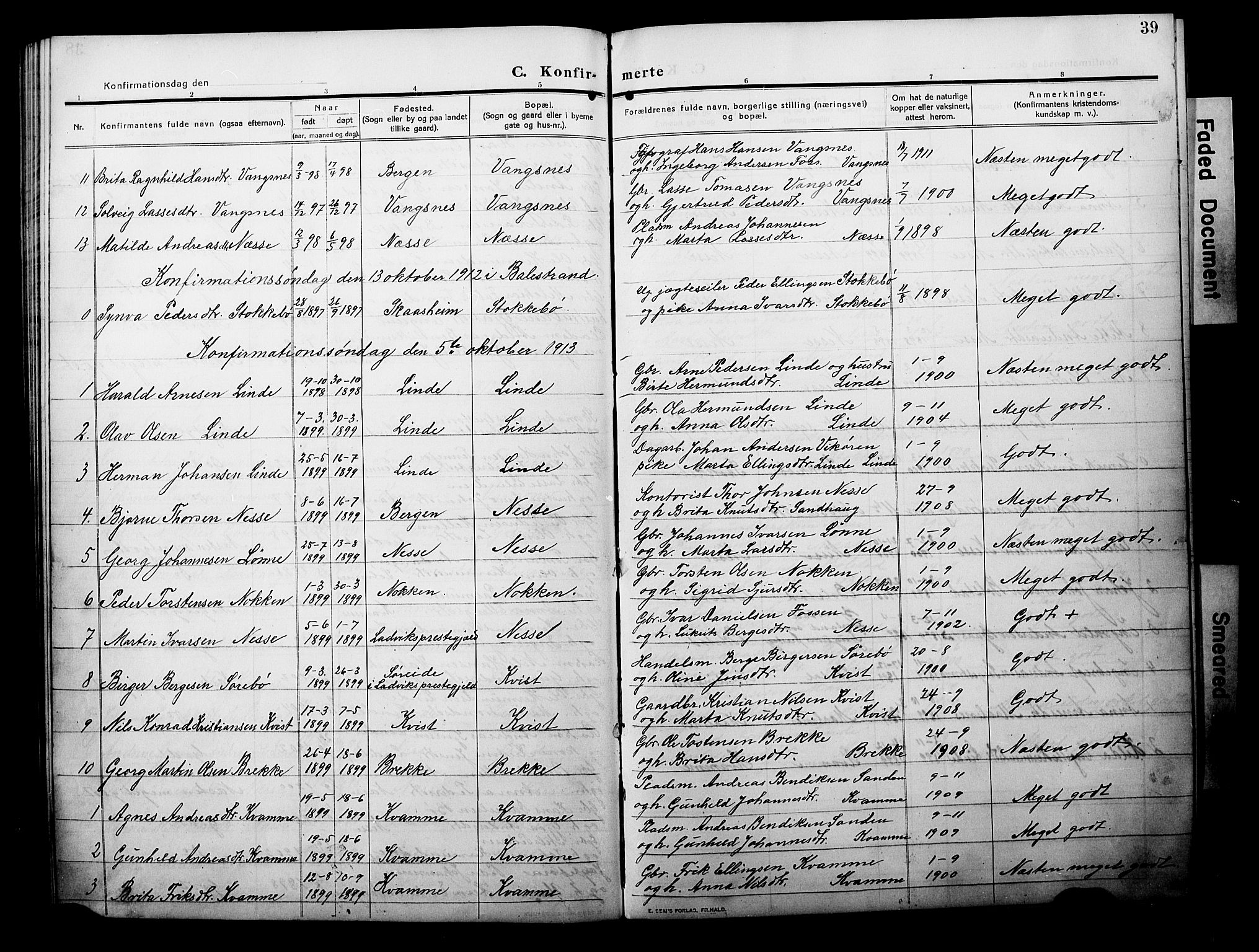 Balestrand sokneprestembete, AV/SAB-A-79601/H/Hab/Habc/L0004: Parish register (copy) no. C 4, 1909-1929, p. 39