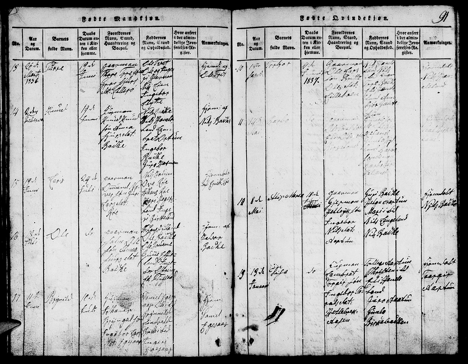 Suldal sokneprestkontor, AV/SAST-A-101845/01/V/L0002: Parish register (copy) no. B 2, 1816-1845, p. 91