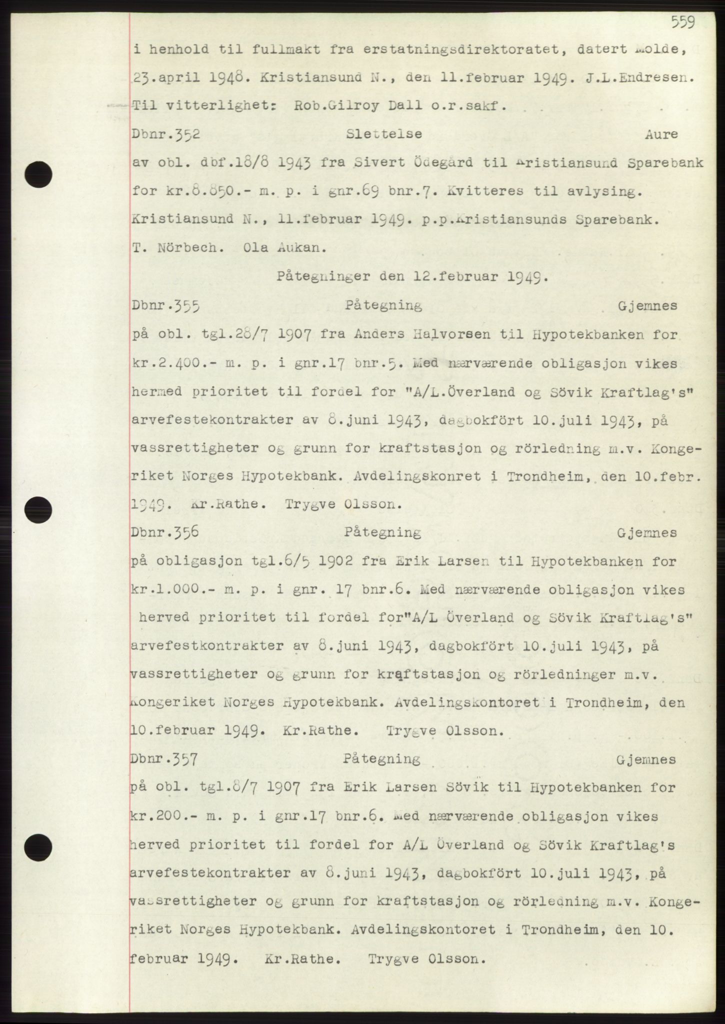 Nordmøre sorenskriveri, AV/SAT-A-4132/1/2/2Ca: Mortgage book no. C82b, 1946-1951, Diary no: : 352/1949