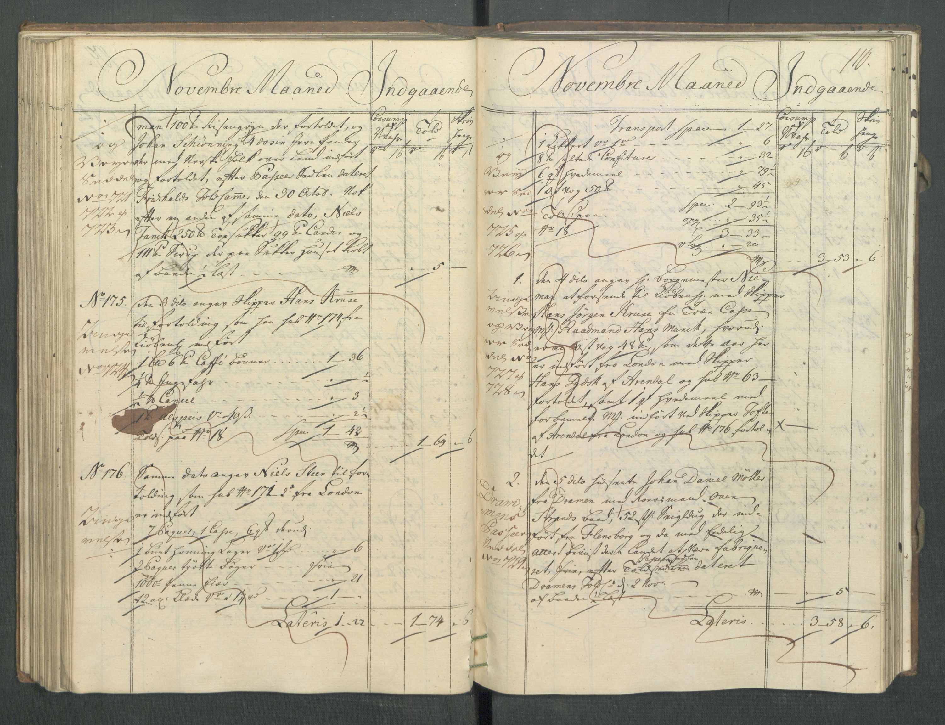 Generaltollkammeret, tollregnskaper, AV/RA-EA-5490/R02/L0022/0001: Tollregnskaper Fredrikstad / Inngående hovedtollbok, 1756, p. 109b-110a