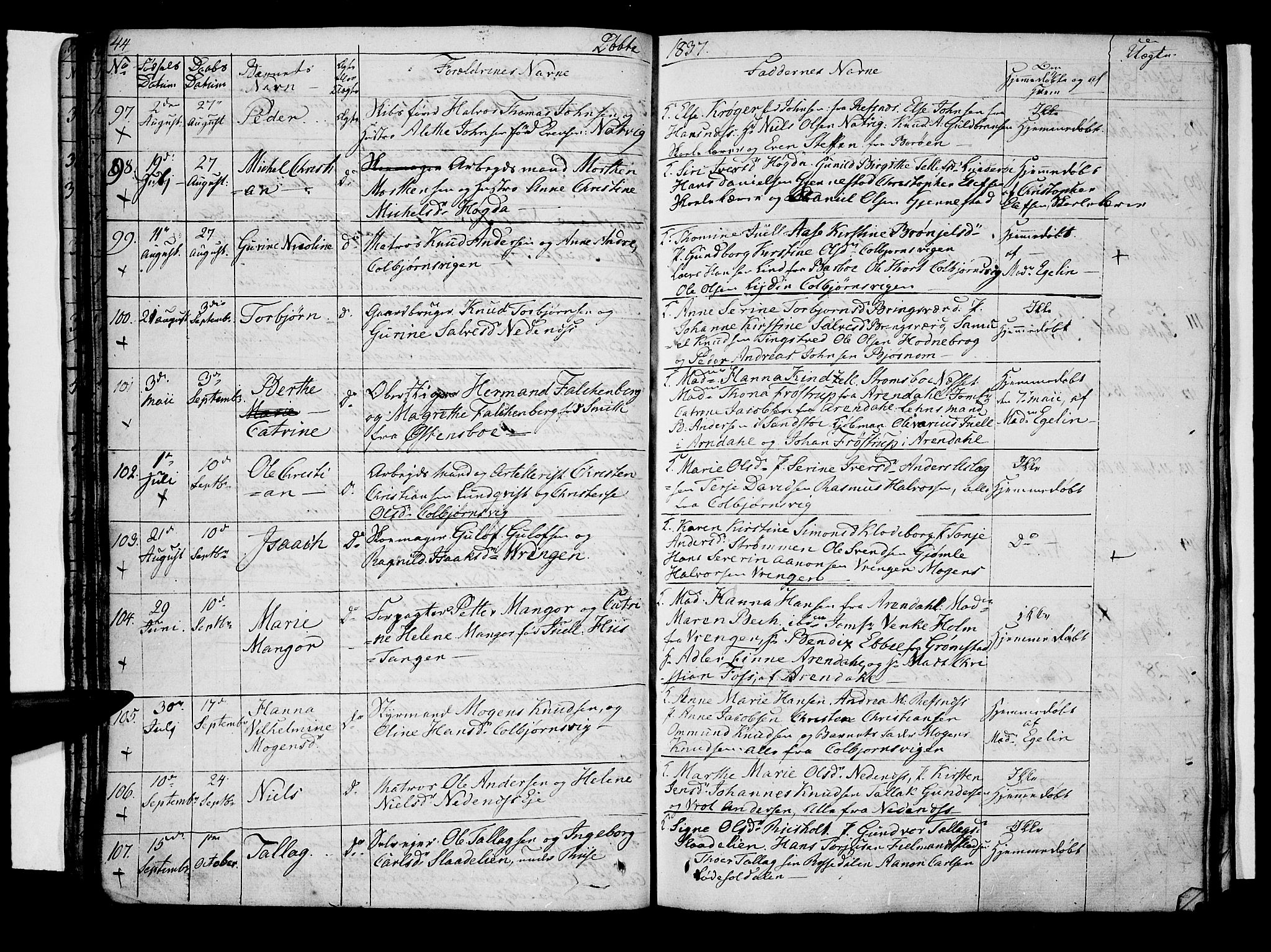 Øyestad sokneprestkontor, AV/SAK-1111-0049/F/Fb/L0005: Parish register (copy) no. B 5, 1833-1843, p. 44