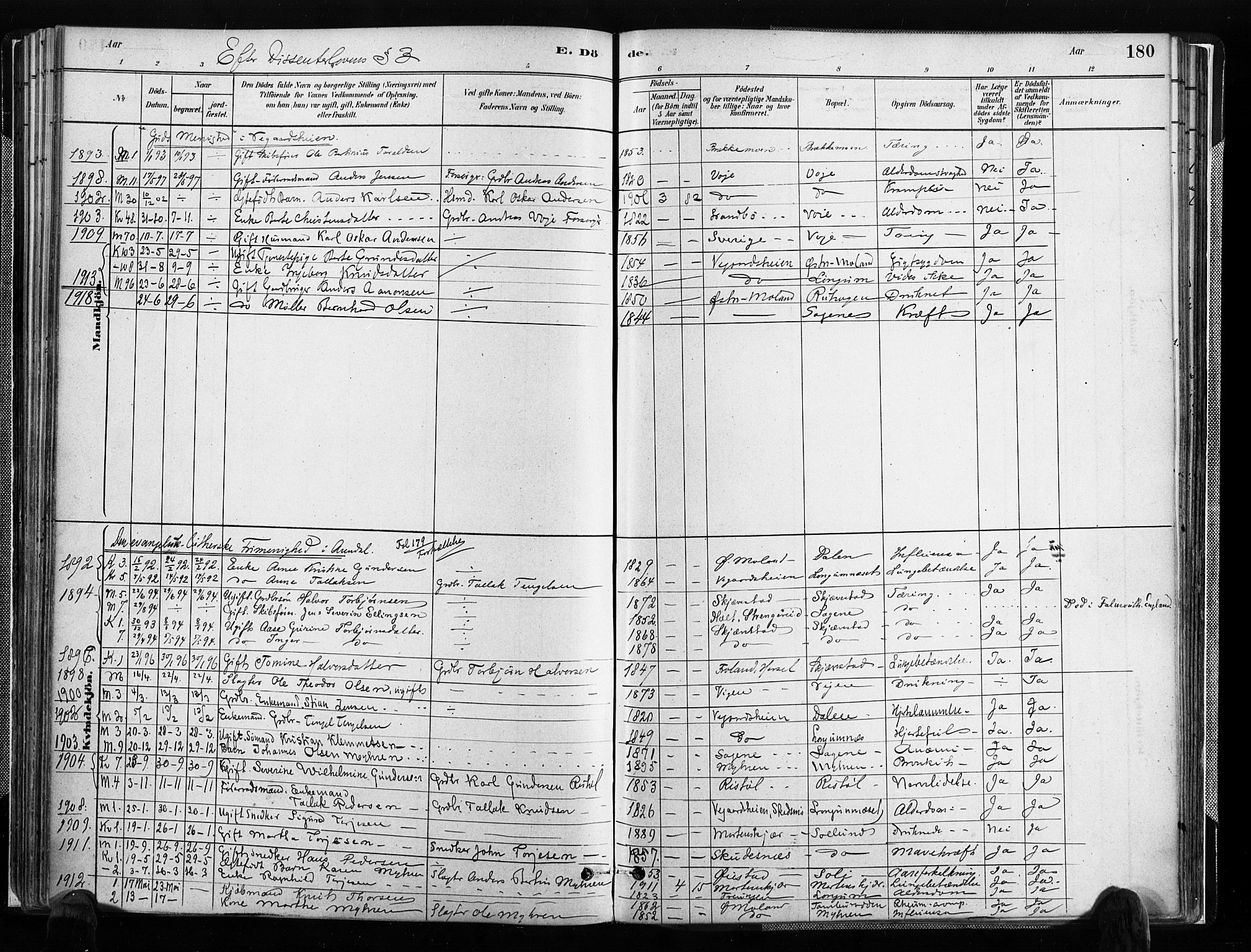 Austre Moland sokneprestkontor, SAK/1111-0001/F/Fa/Faa/L0010: Parish register (official) no. A 10, 1880-1904, p. 180