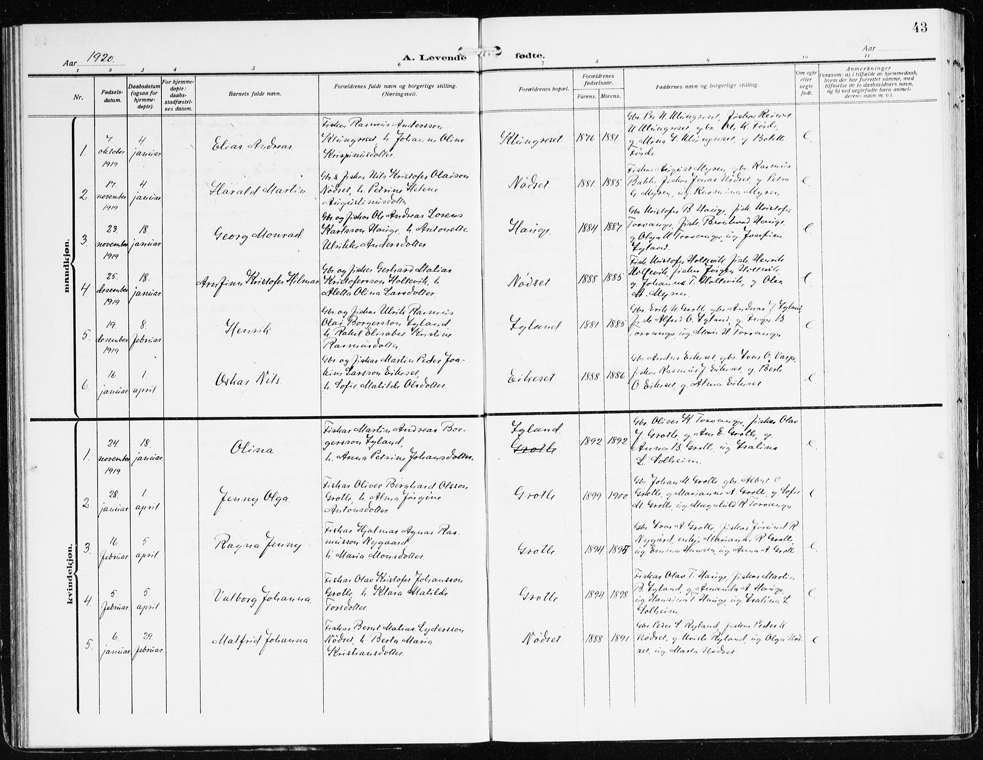 Bremanger sokneprestembete, SAB/A-82201/H/Haa/Haac/L0001: Parish register (official) no. C 1, 1908-1921, p. 43