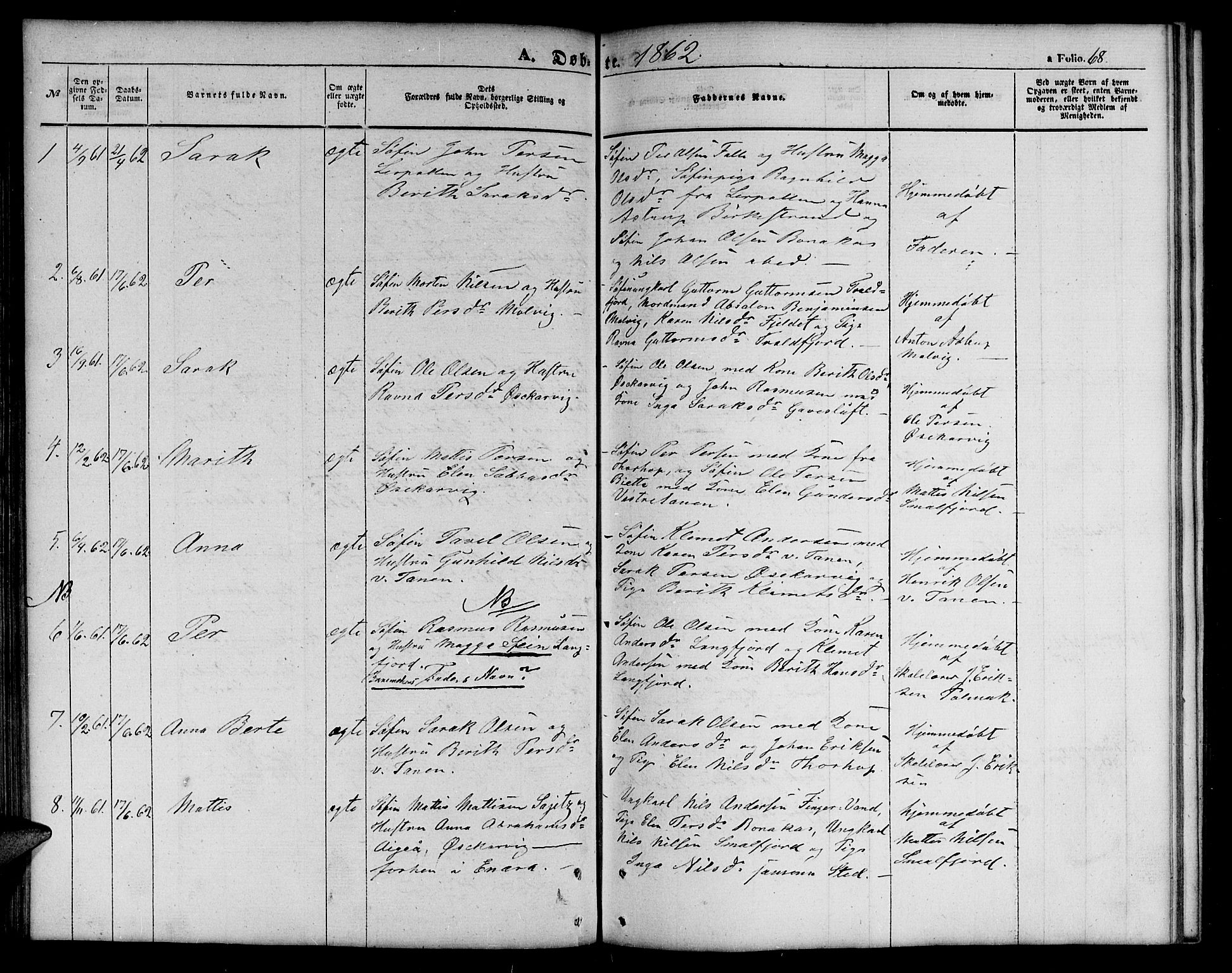 Tana sokneprestkontor, SATØ/S-1334/H/Hb/L0001klokker: Parish register (copy) no. 1 /1, 1853-1867, p. 68