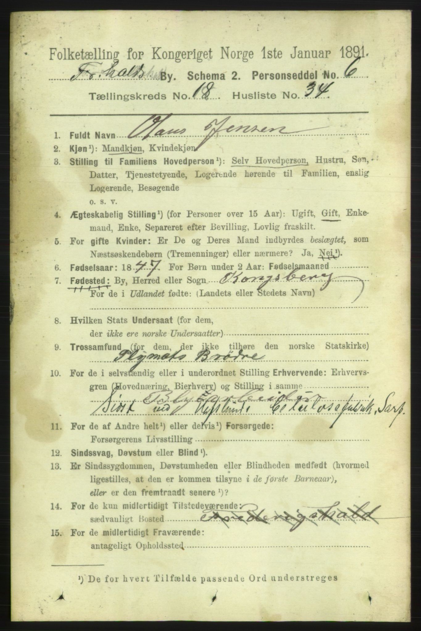 RA, 1891 census for 0101 Fredrikshald, 1891, p. 11848