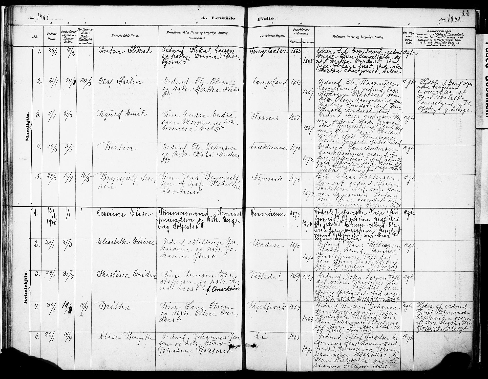 Tysnes sokneprestembete, SAB/A-78601/H/Haa: Parish register (official) no. C 1, 1887-1912, p. 44