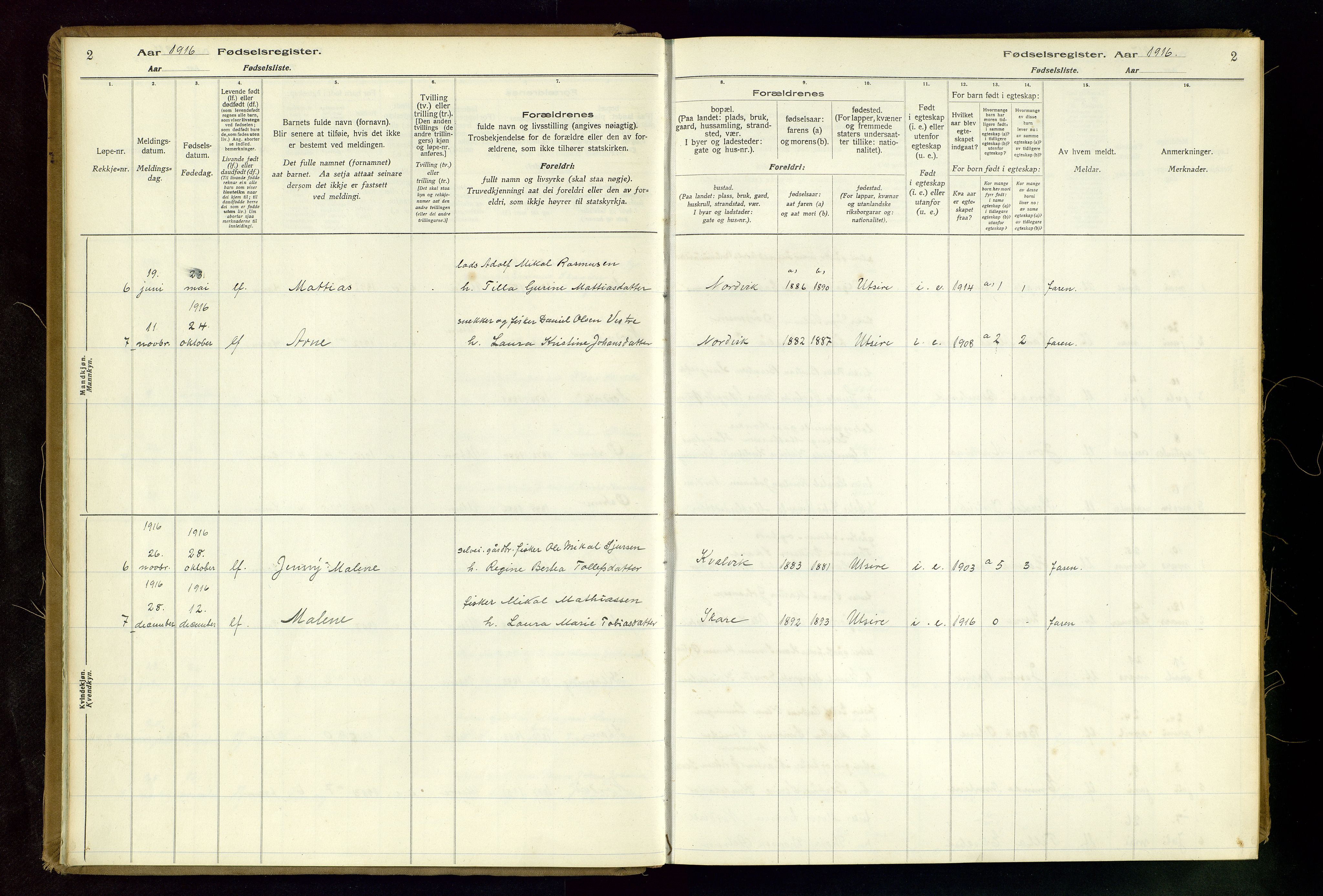 Torvastad sokneprestkontor, SAST/A -101857/I/Id/L0001: Birth register no. 1, 1916-1982, p. 2