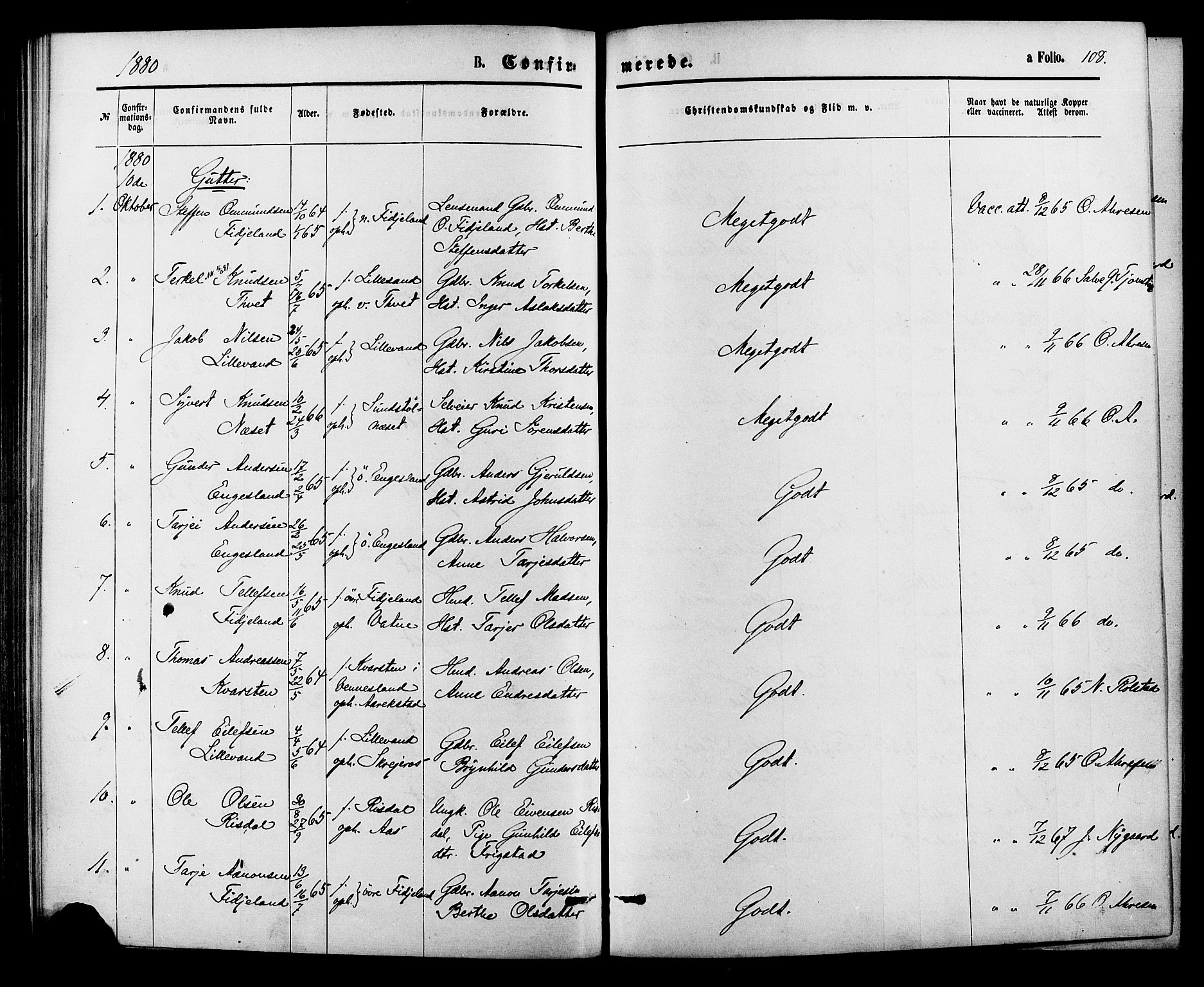 Herefoss sokneprestkontor, SAK/1111-0019/F/Fa/Fab/L0003: Parish register (official) no. A 3, 1875-1886, p. 108