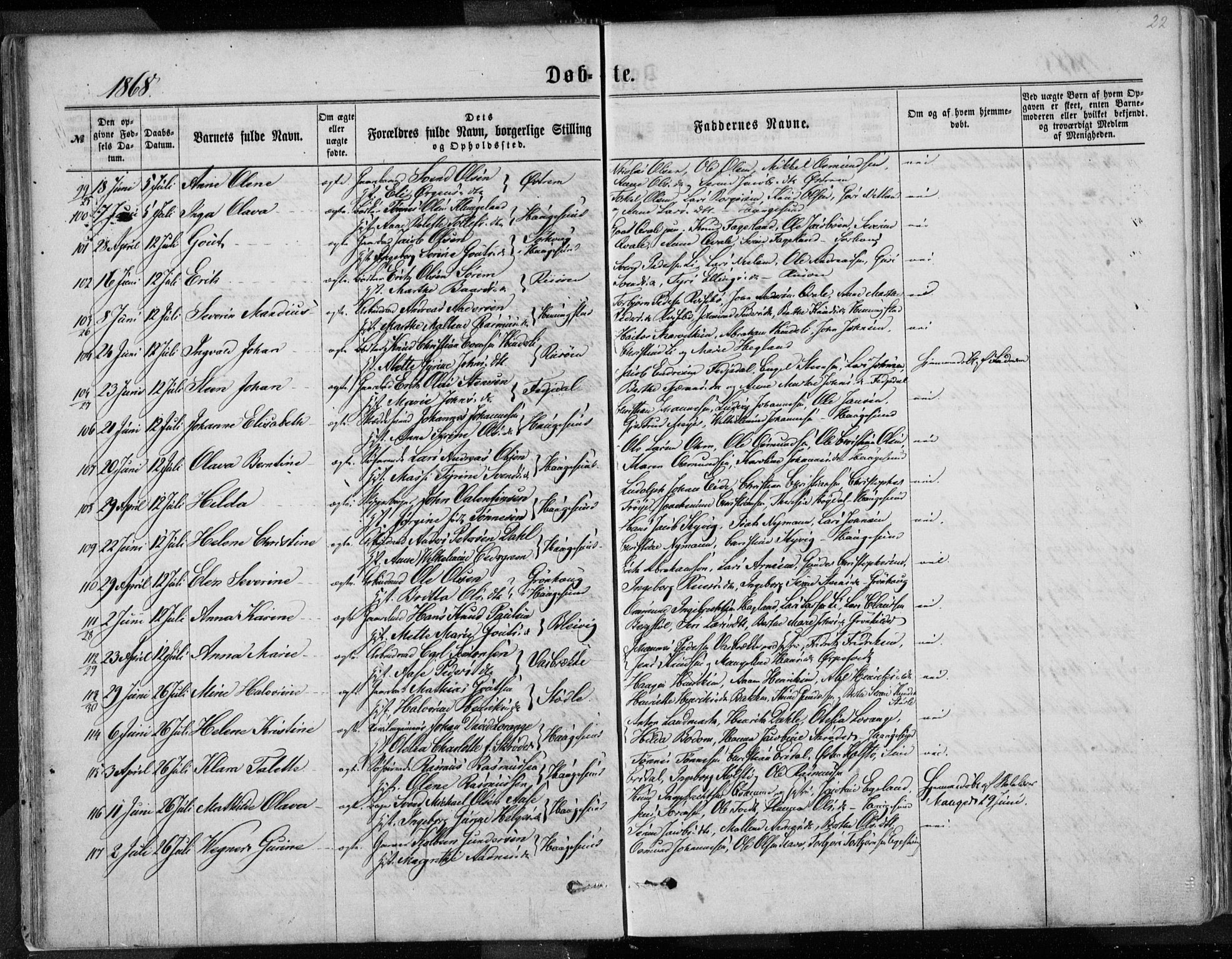 Torvastad sokneprestkontor, AV/SAST-A -101857/H/Ha/Haa/L0012: Parish register (official) no. A 12.1, 1867-1877, p. 22