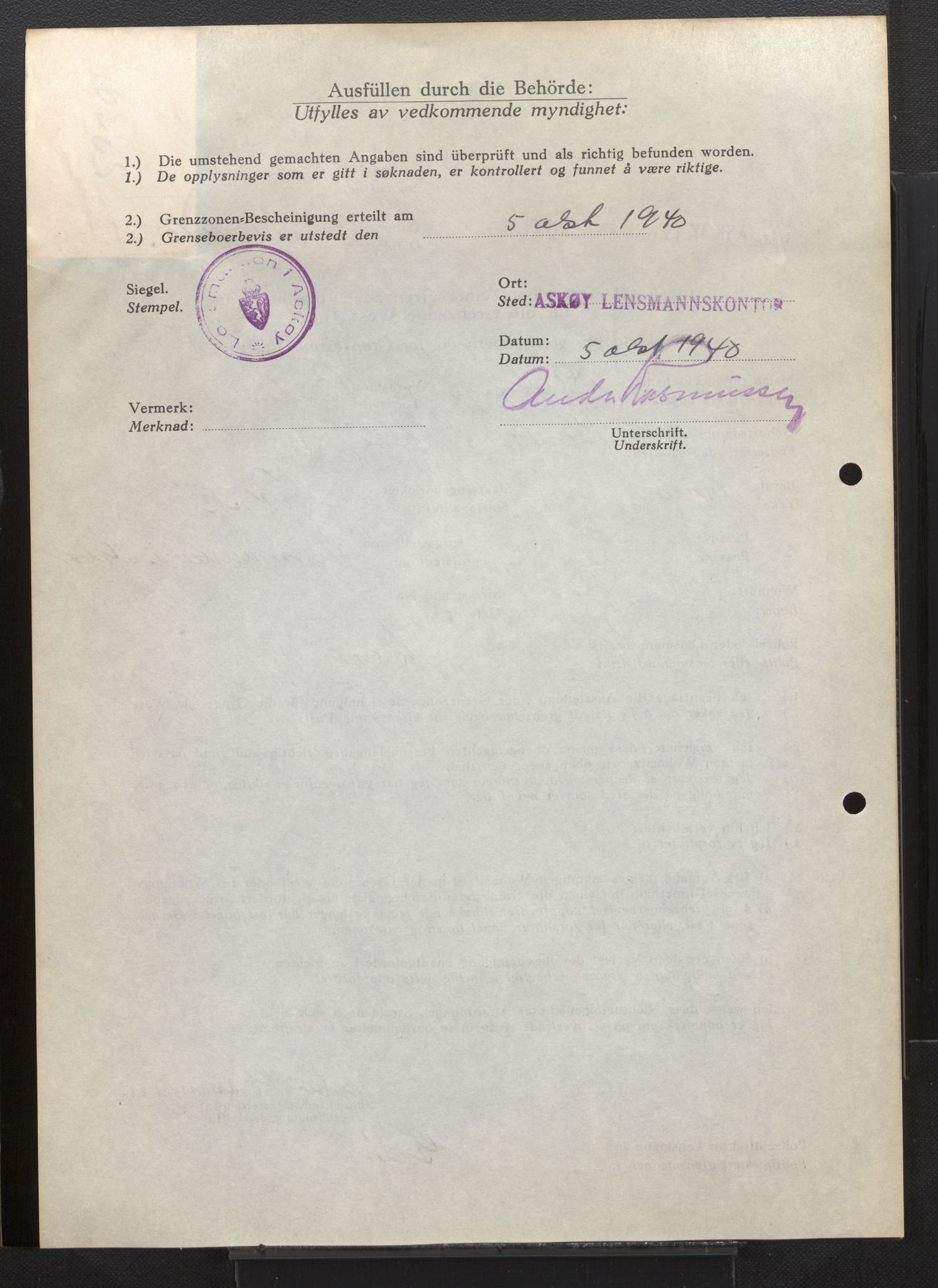 Lensmannen i Askøy, AV/SAB-A-31001/0026/L0005: Søknader om grensebuarbevis 851 - 1275, 1940, p. 293