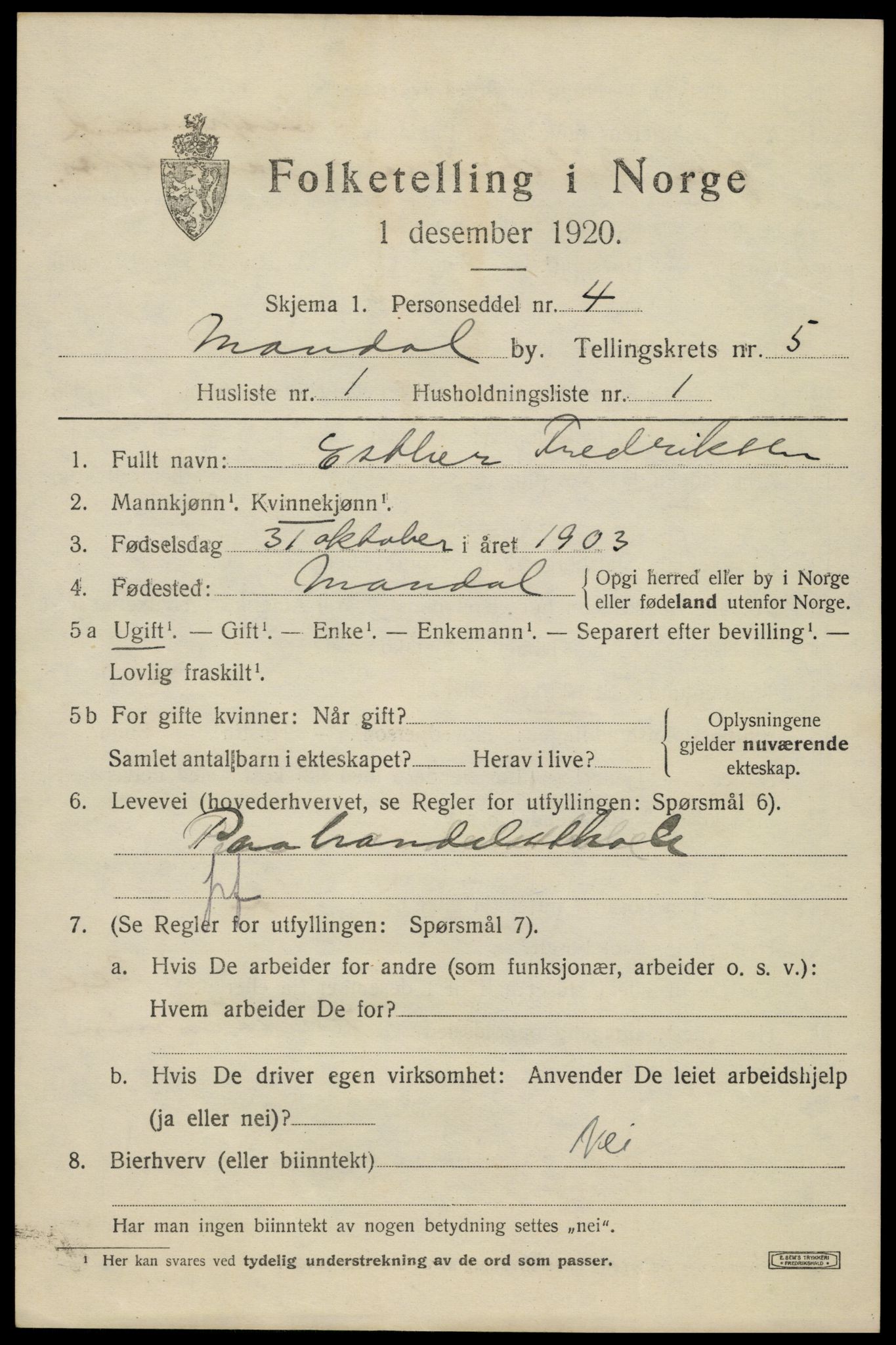 SAK, 1920 census for Mandal, 1920, p. 8207