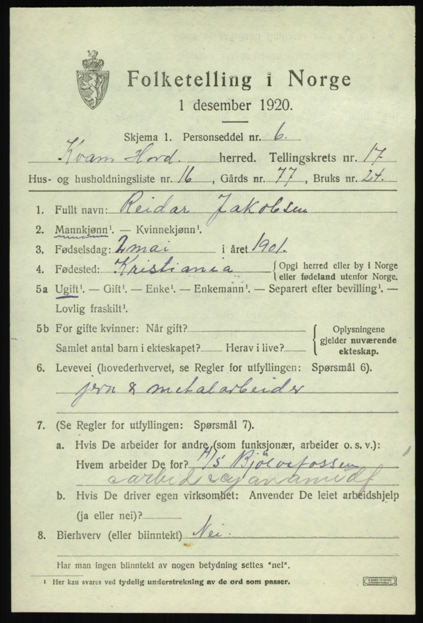 SAB, 1920 census for Kvam, 1920, p. 9467