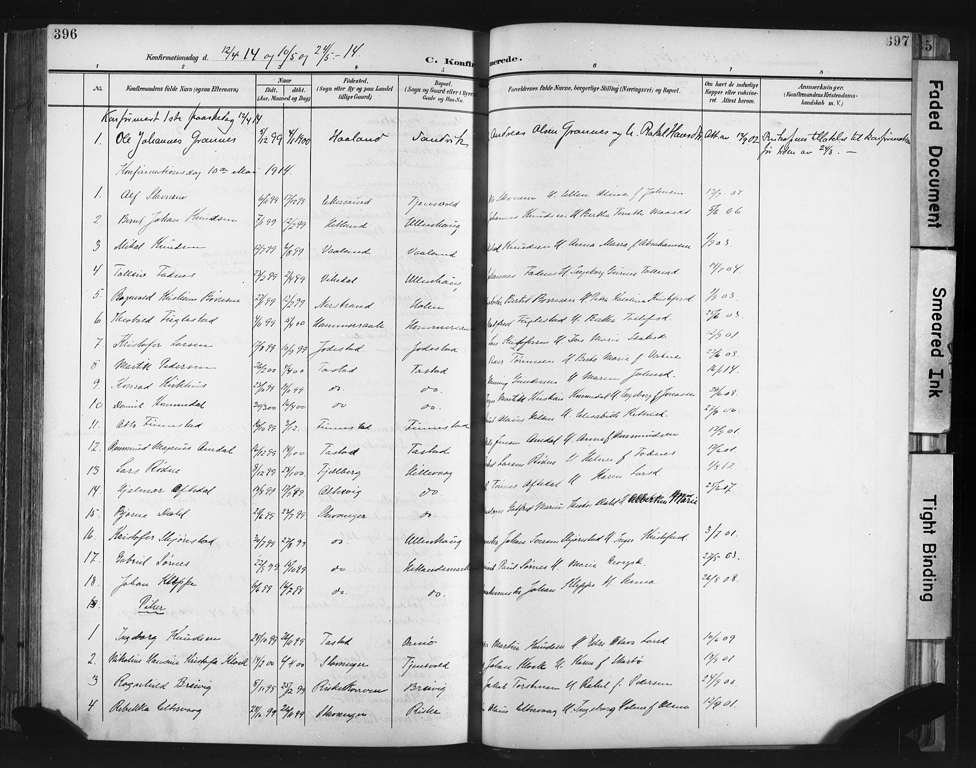 Hetland sokneprestkontor, AV/SAST-A-101826/30/30BA/L0013: Parish register (official) no. A 13, 1904-1918, p. 396-397