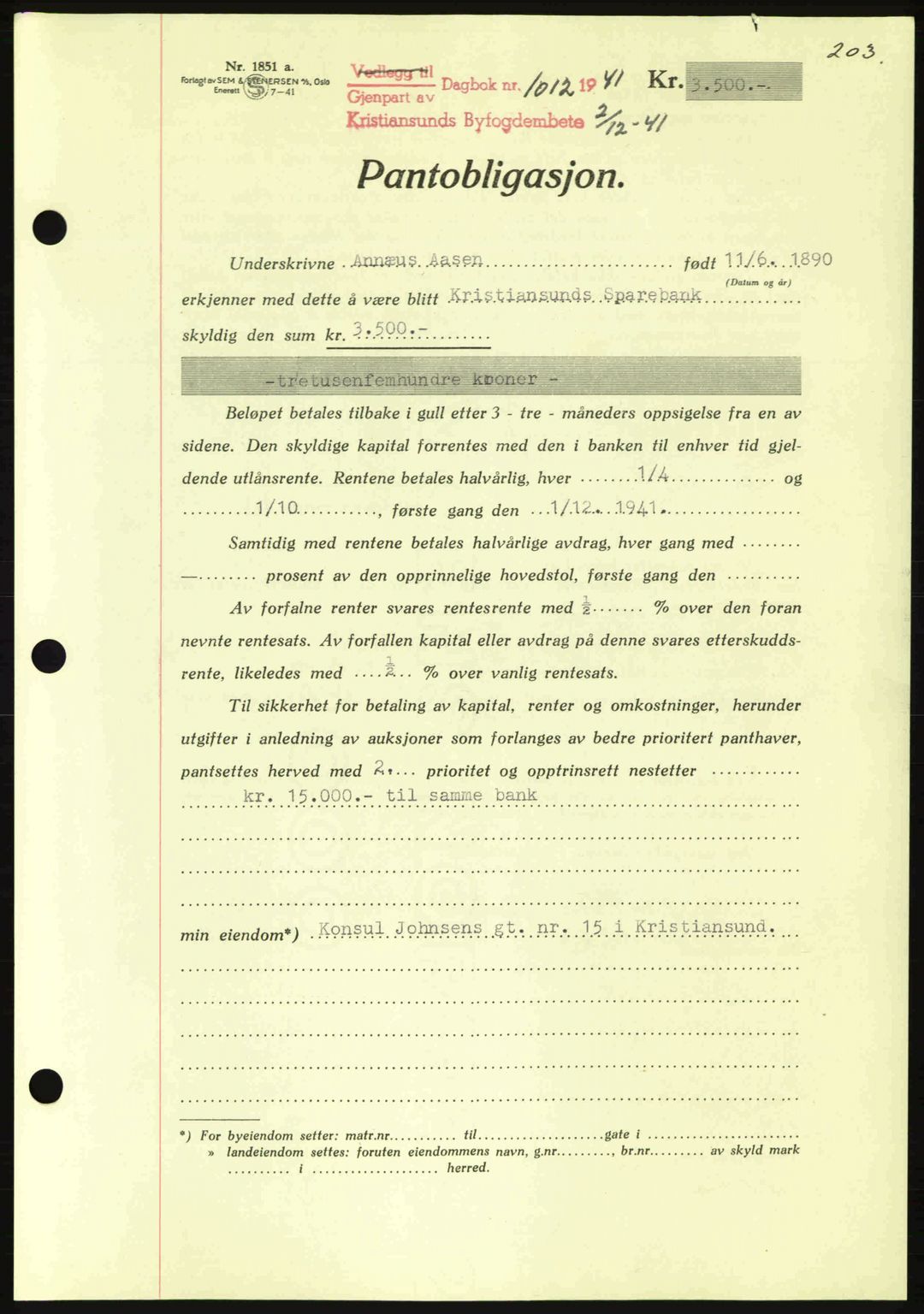 Kristiansund byfogd, AV/SAT-A-4587/A/27: Mortgage book no. 35, 1941-1942, Diary no: : 1012/1941